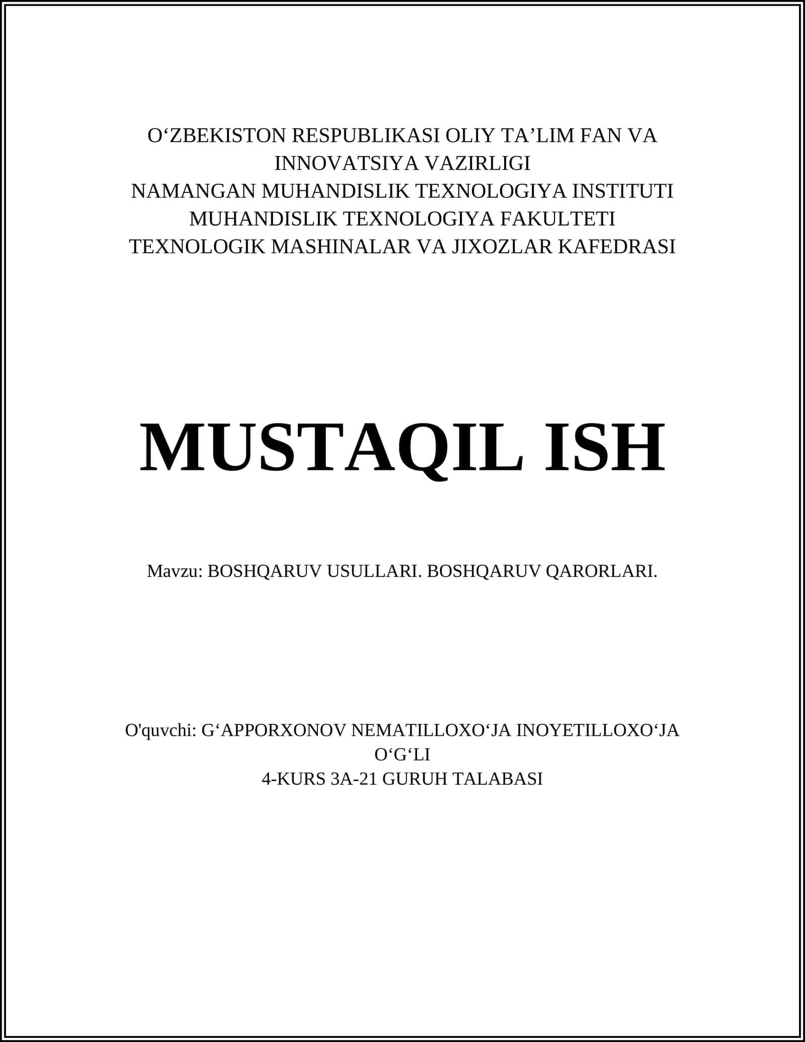 BOSHQARUV USULLARI. BOSHQARUV QARORLARI