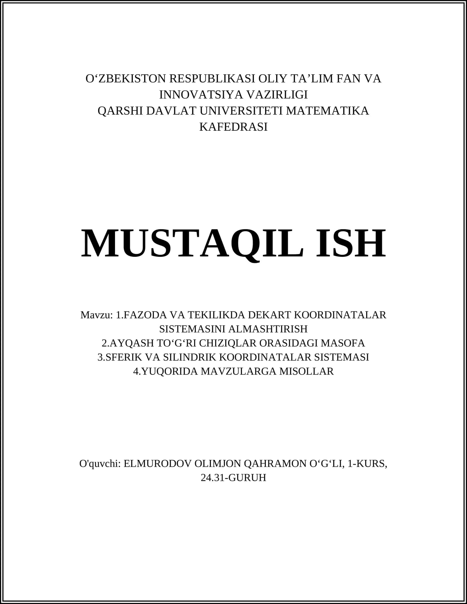 FAZODA VA TEKILIKDA DEKART KOORDINATALAR SISTEMASINI ALMASHTIRISH