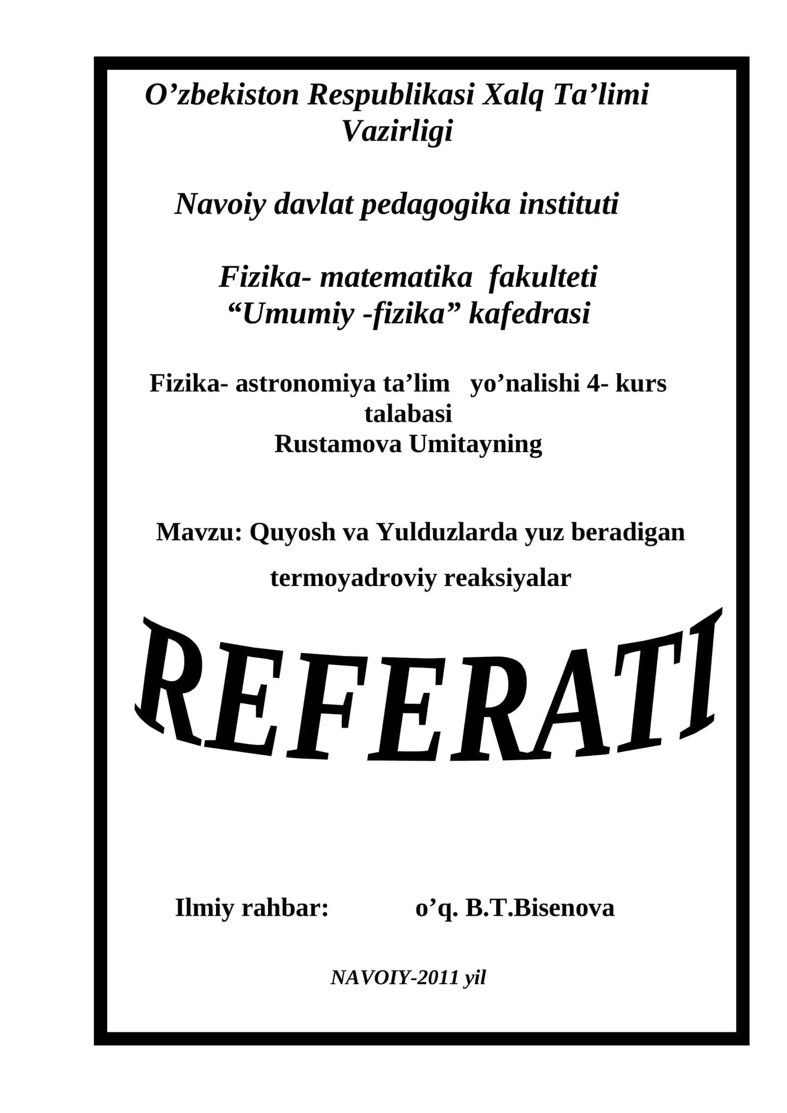 Quyosh va Yulduzlarda yuz beradigan termoyadroviy reaksiyalar
