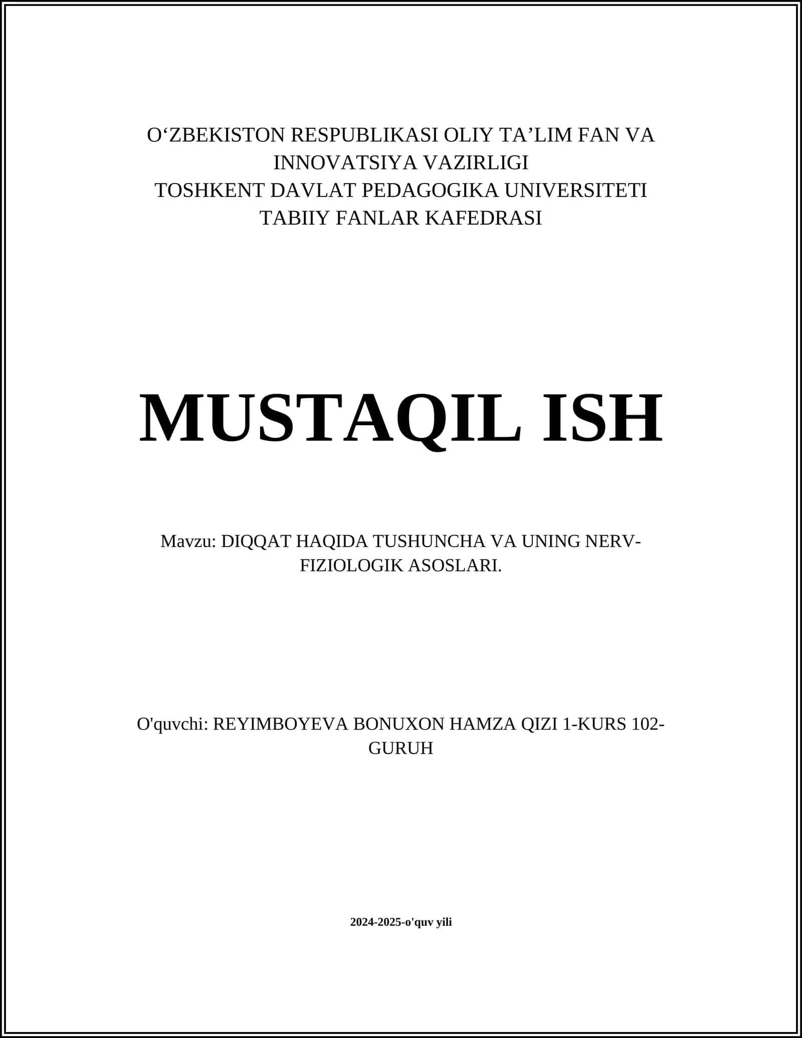 DIQQAT HAQIDA TUSHUNCHA VA UNING NERV-FIZIOLOGIK ASOSLARI