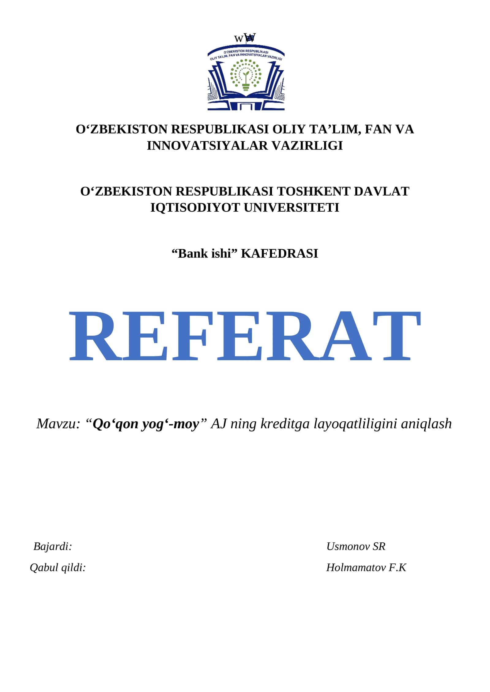 “Qo‘qon yog‘-moy” AJ ning kreditga layoqatliligini aniqlash