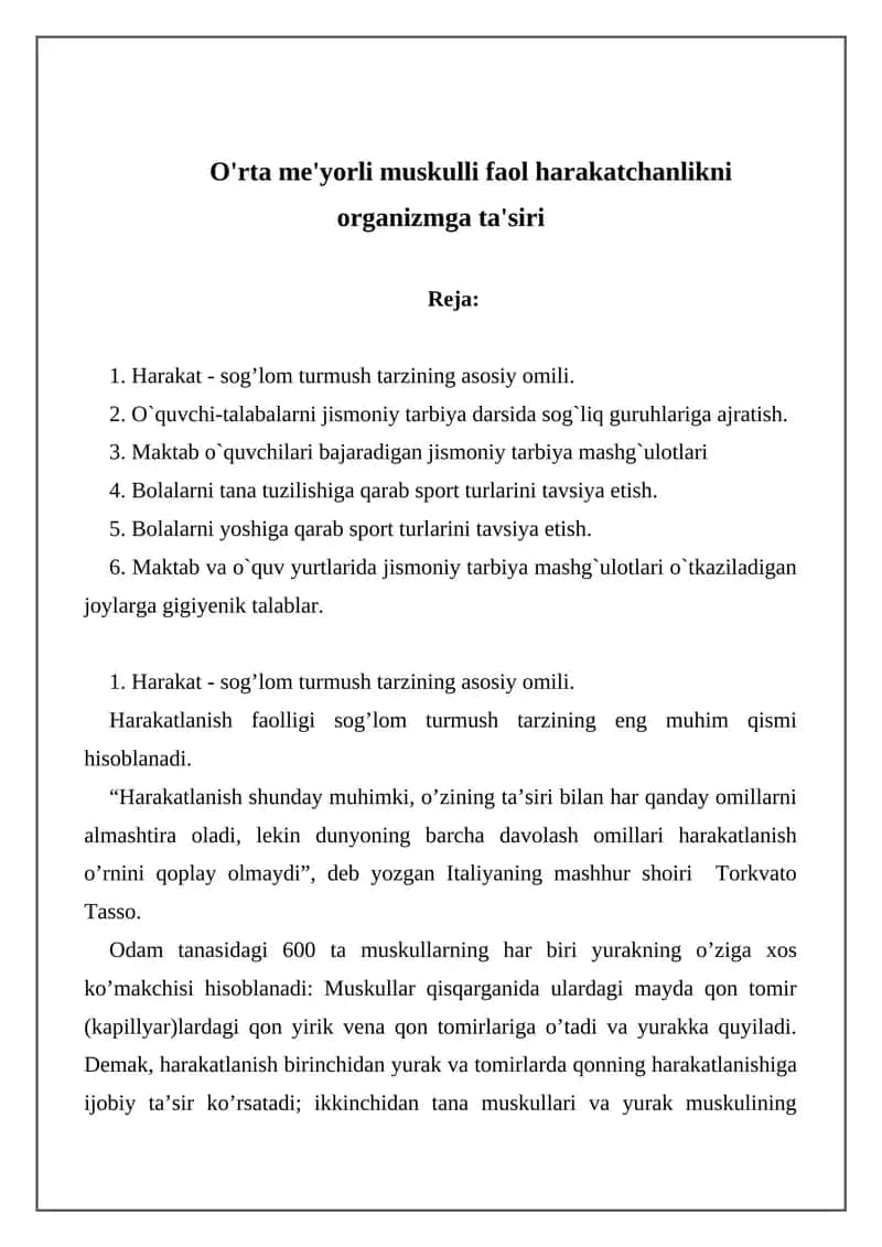 O'rta me'yorli muskulli faol harakatchanlikni organizmga ta'siri