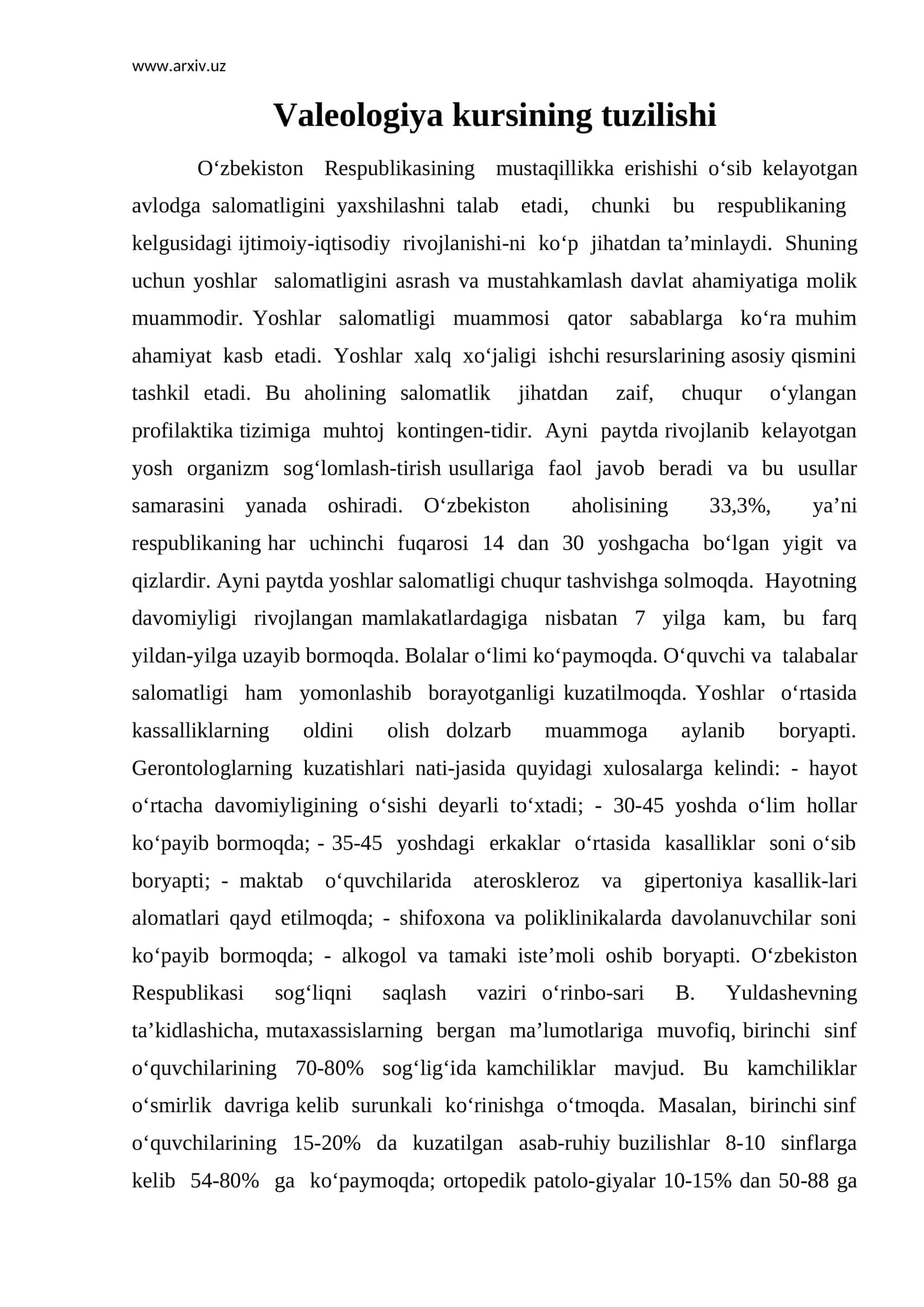 Valeologiya kursining tuzilishi