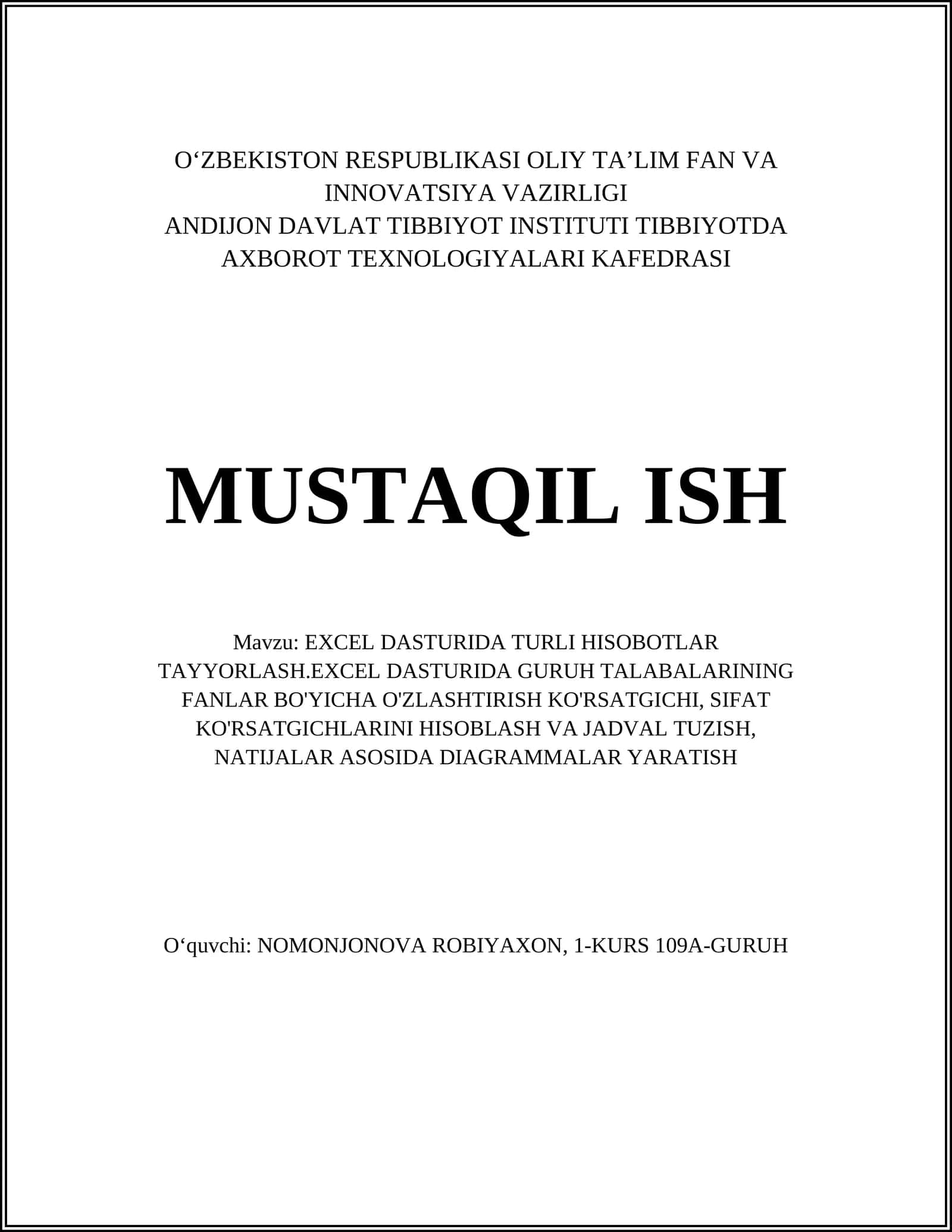 EXCEL DASTURIDA TURLI HISOBOTLAR TAYYORLASH
