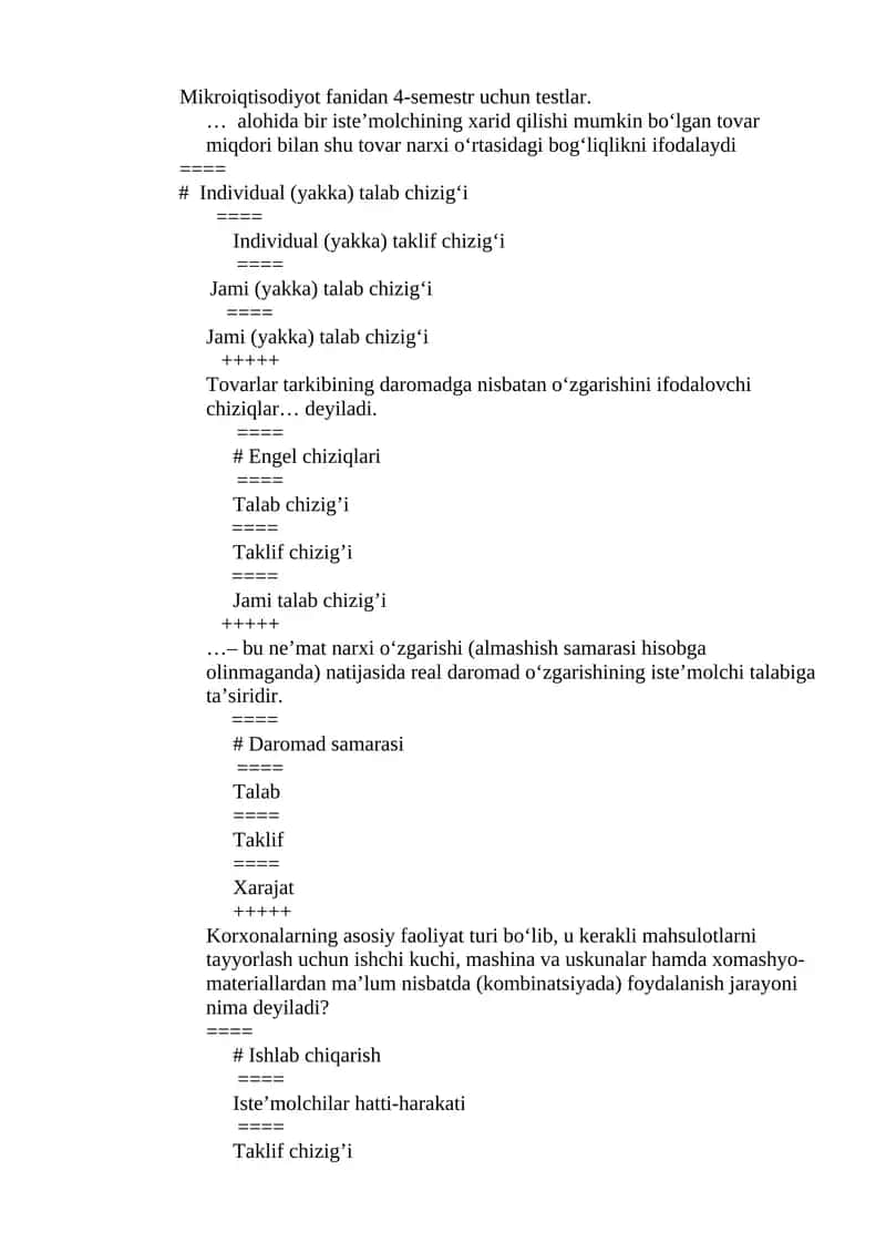 Mikroiqtisodiyot fanidan 4-semestr uchun testlar