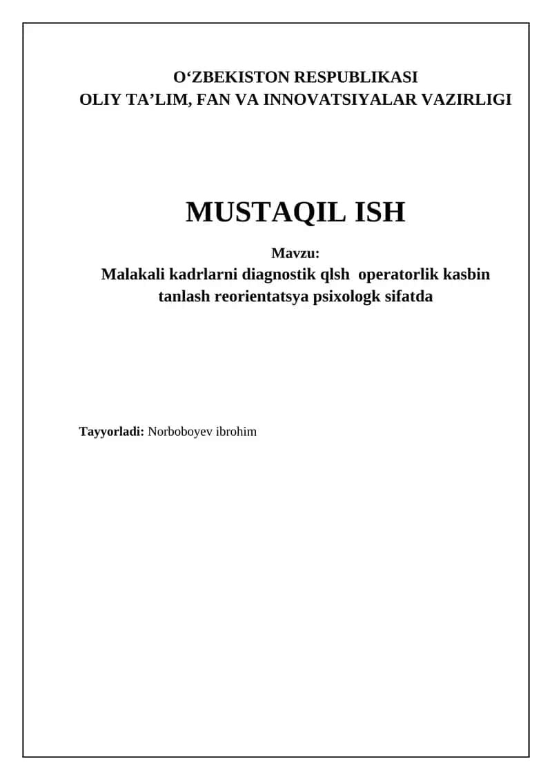 Malakali kadrlarni diagnostik qlsh operatorlik kasbin tanlash reorientatsya psixologk sifatda