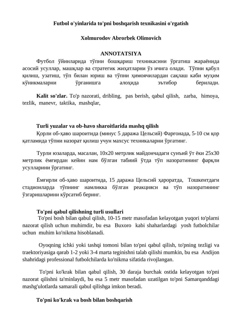 Futbol o'yinlarida to'pni boshqarish texnikasini o'rgatish