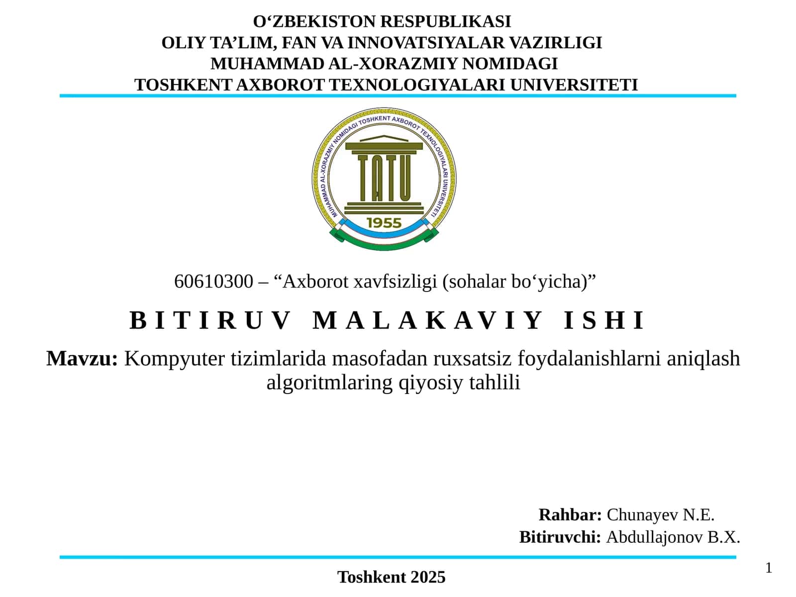 Kompyutertizimlarida masofadan ruxsatsiz foydalanishlarni aniqlash algoritmlarining qiyosiy tahlili