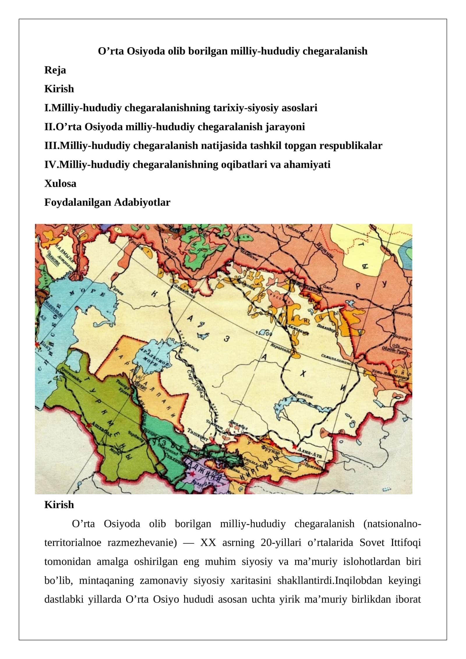 O’rta Osiyoda olib borilgan milliy-hududiy chegaralanish