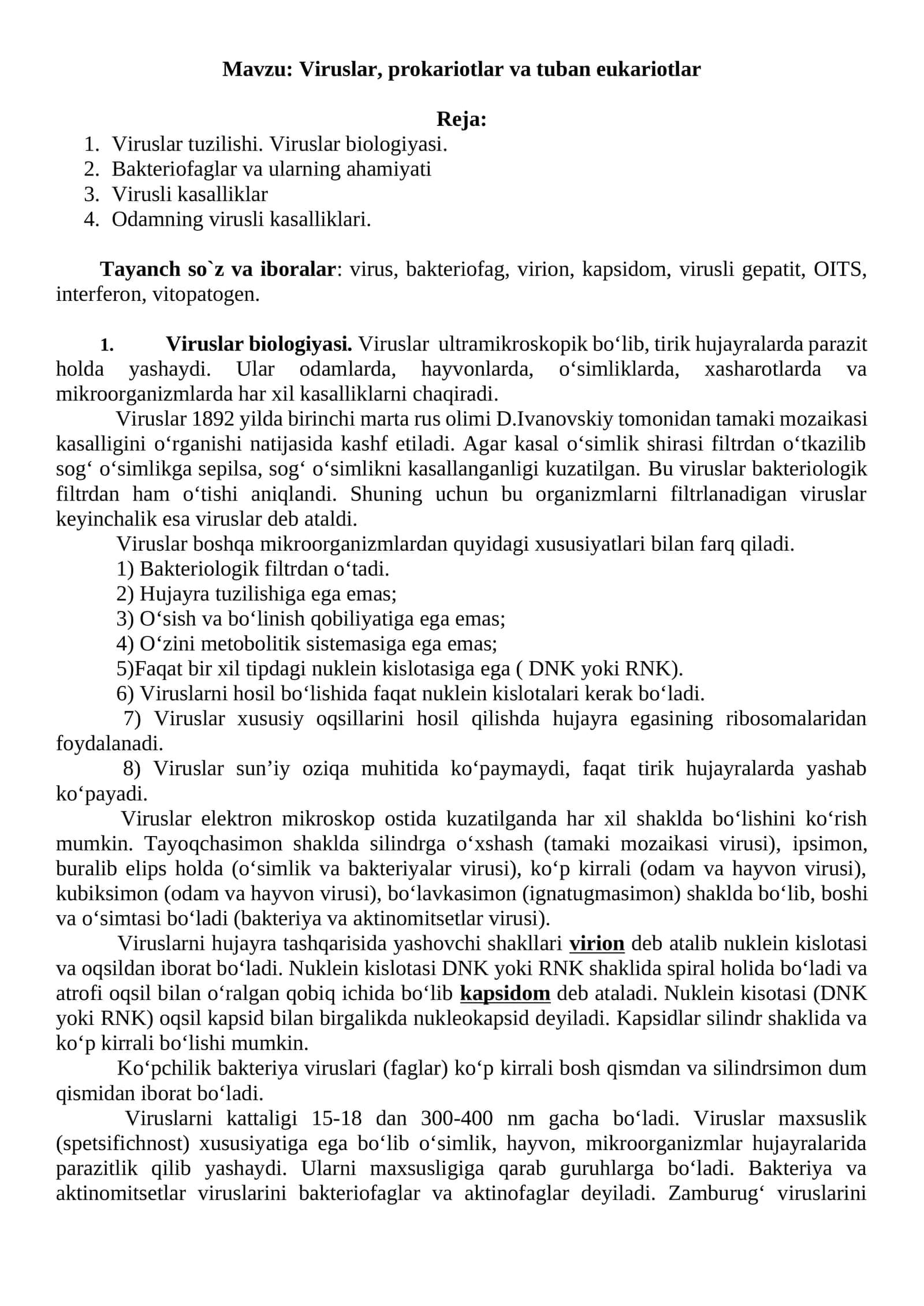 Viruslar, prokariotlar va tuban eukariotlar