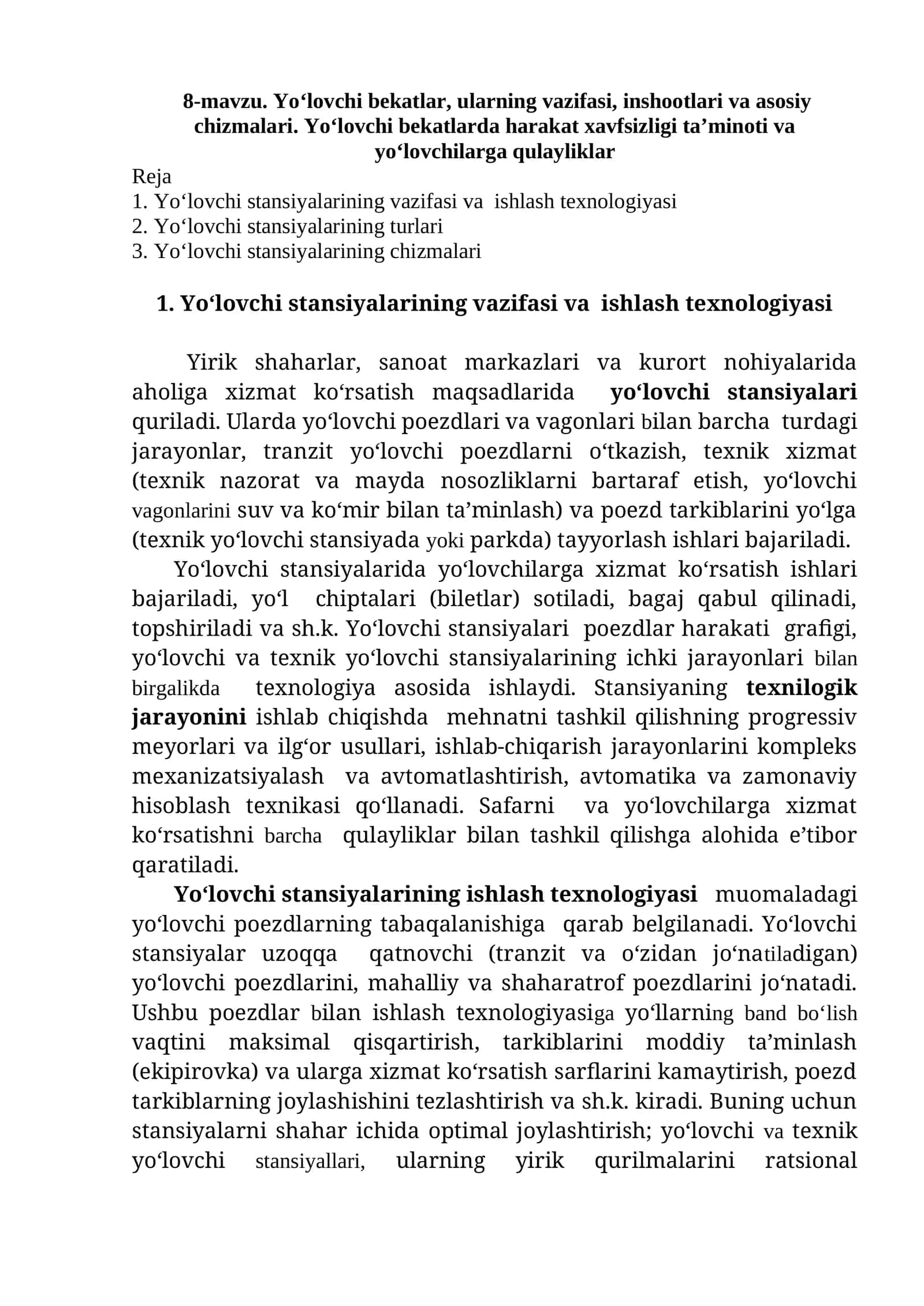 Yo‘lovchi stansiyalarining vazifasi va ishlash texnologiyasi