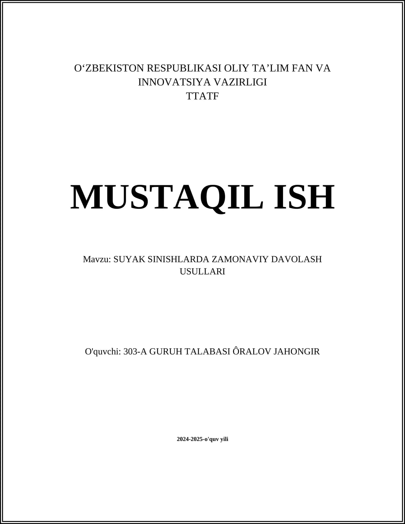 SUYAK SINISHLARDA ZAMONAVIY DAVOLASH USULLARI