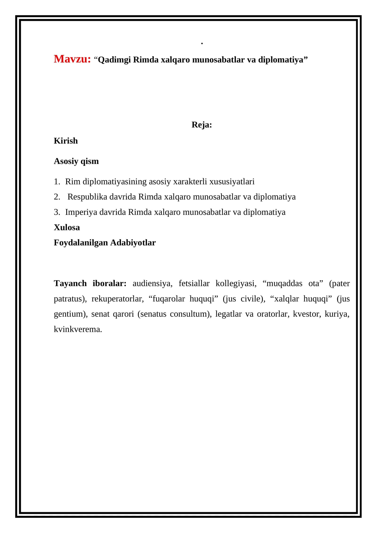 “Qadimgi Rimda xalqaro munosabatlar va diplomatiya”