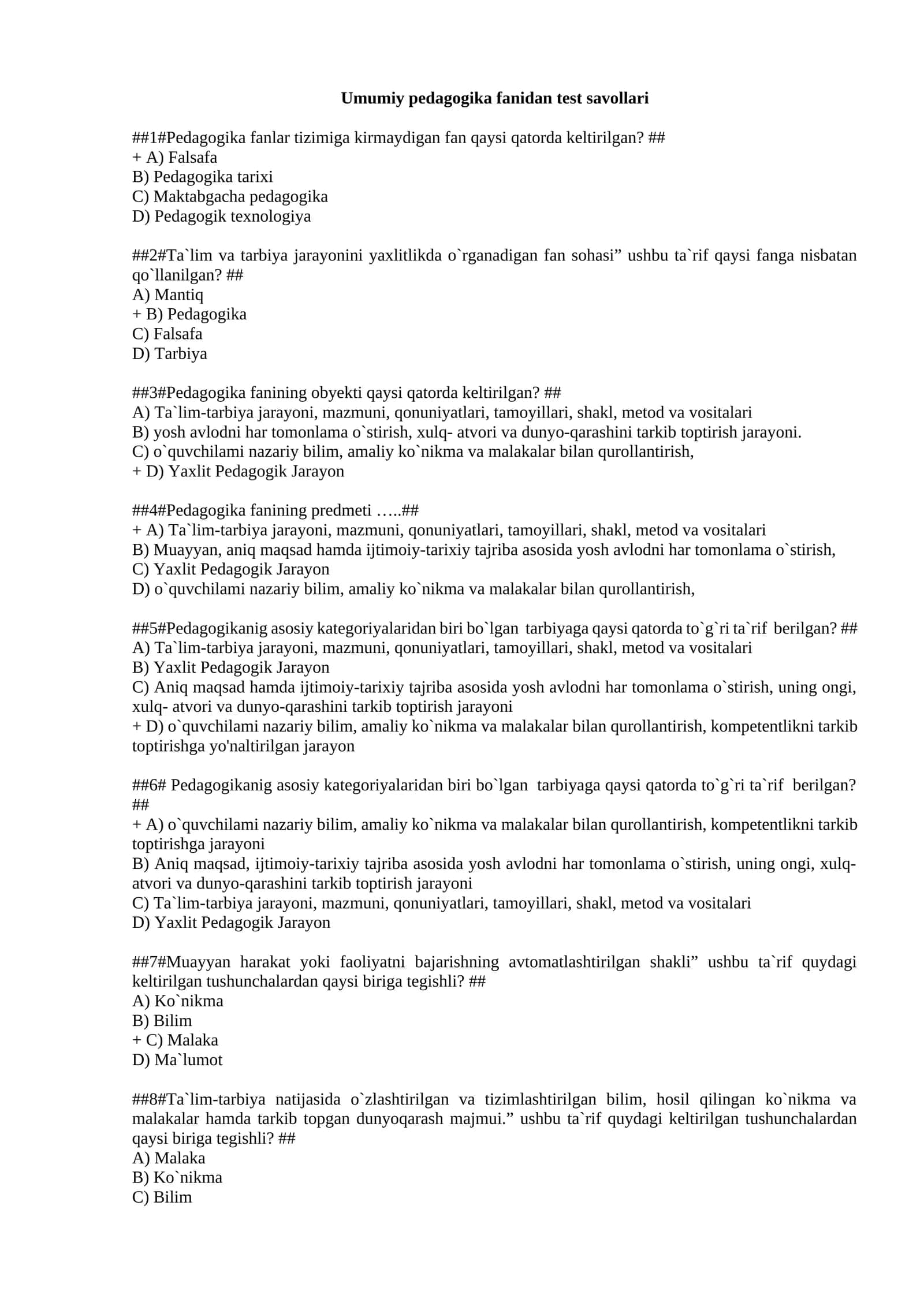 Umumiy pedagogika fanidan test savollari