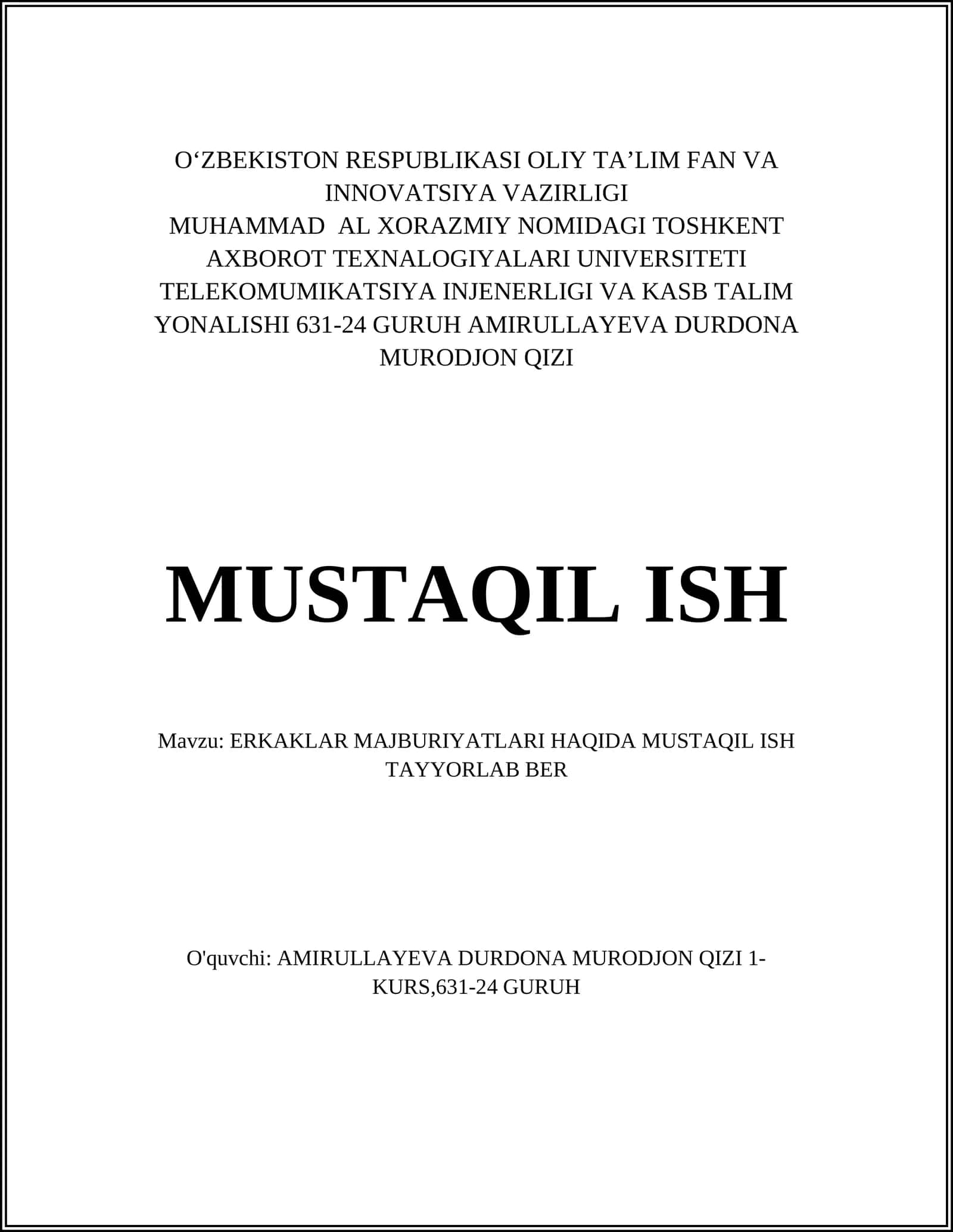 ERKAKLAR MAJBURIYATLARI HAQIDA MUSTAQIL ISH