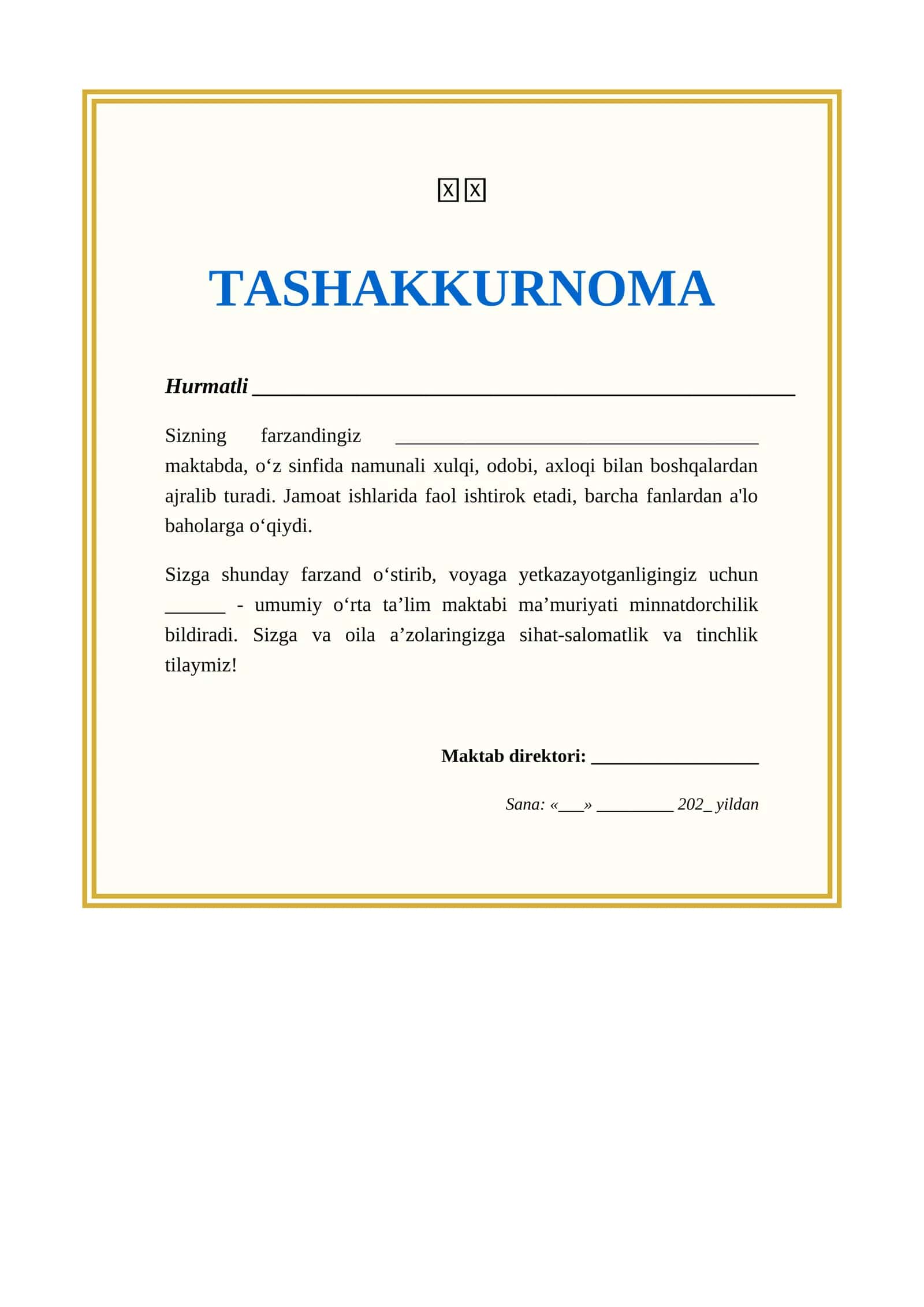 TASHAKKURNOMA ota onalar uchun