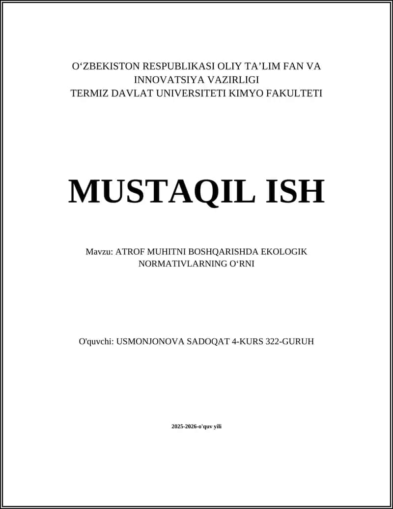 Ekologik normativlarning tushunchasi va vazifalari