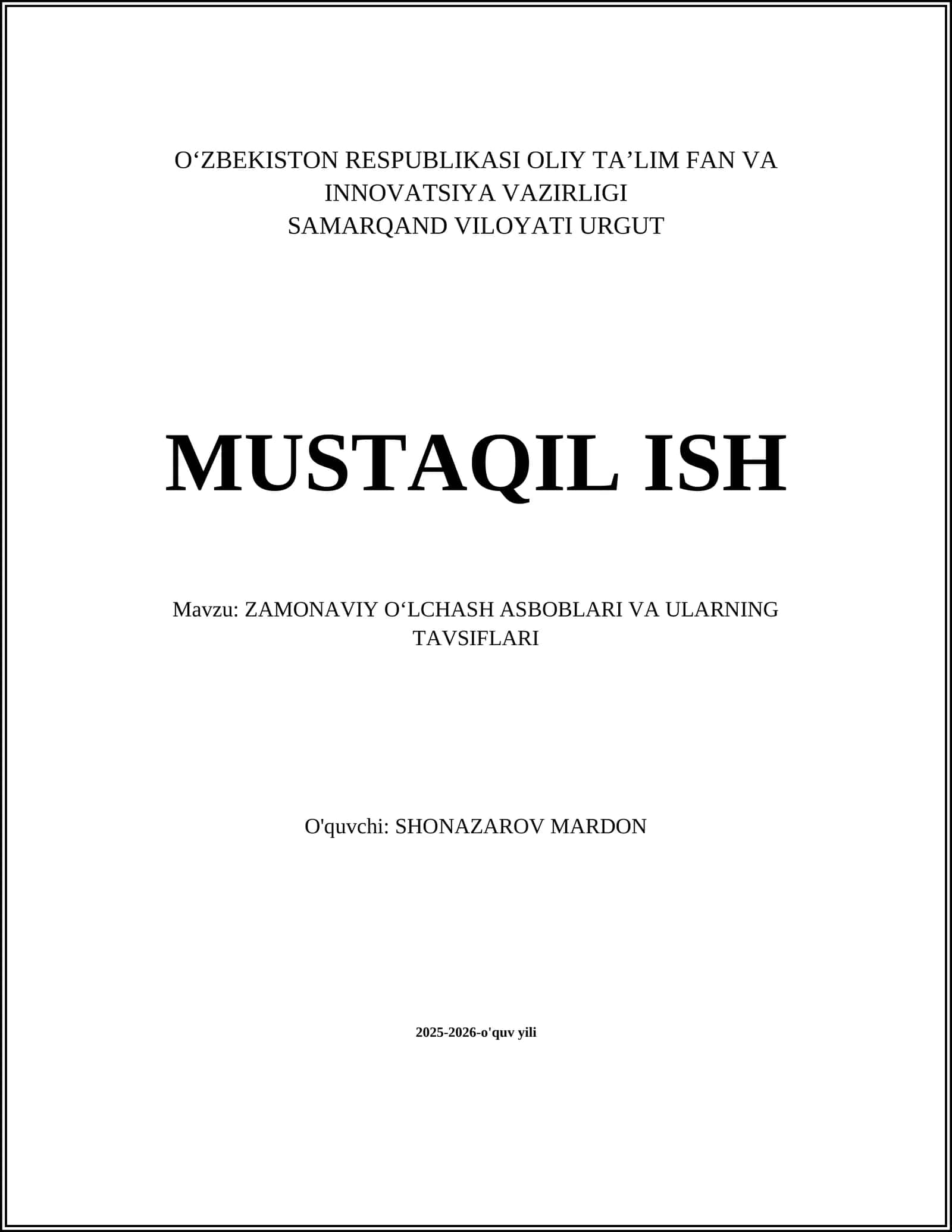 ZAMONAVIY OʻLCHASH ASBOBLARI VA ULARNING TAVSIFLARI