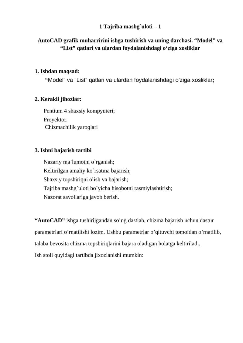 AutoCAD grafik muharririni ishga tushirish va uning darchasi