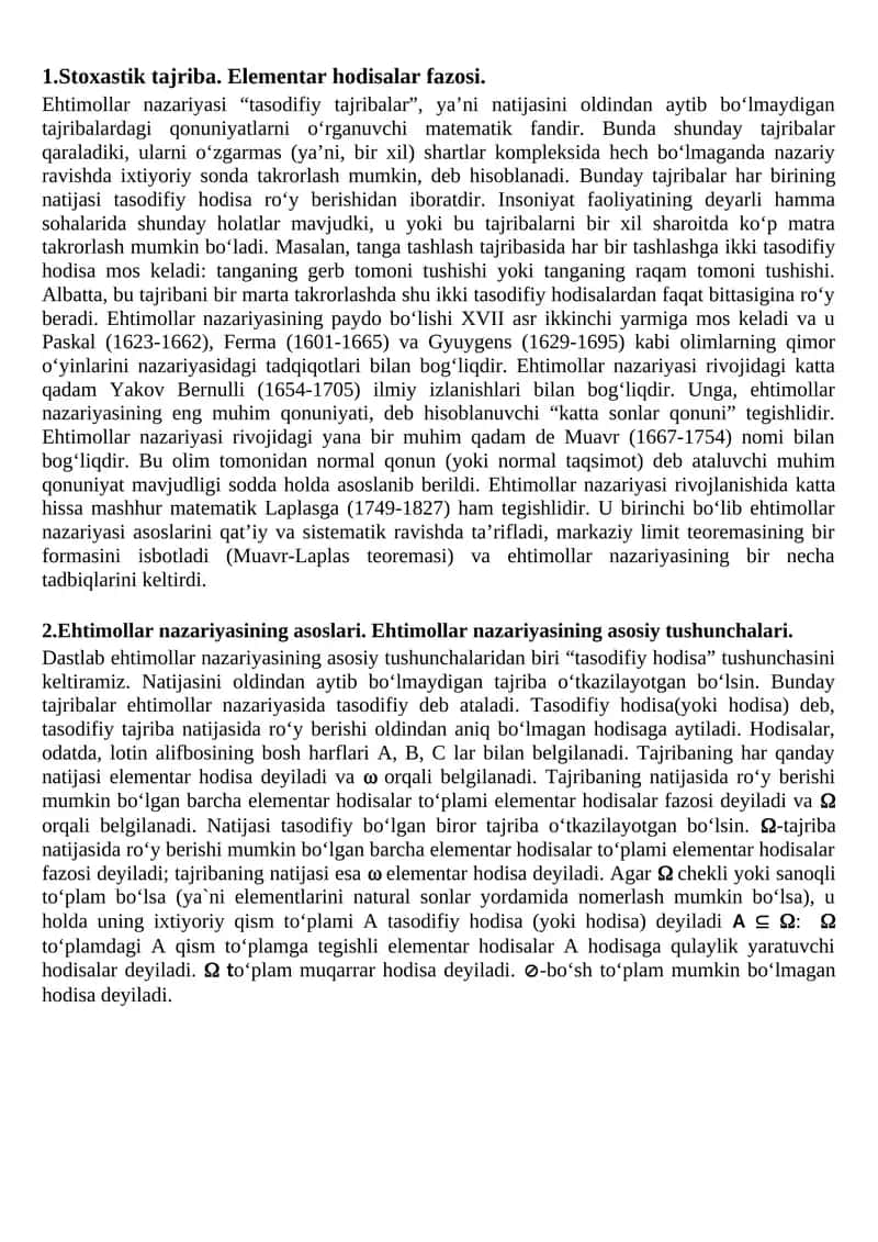 Stoxastik tajriba. Elementar hodisalar fazosi.