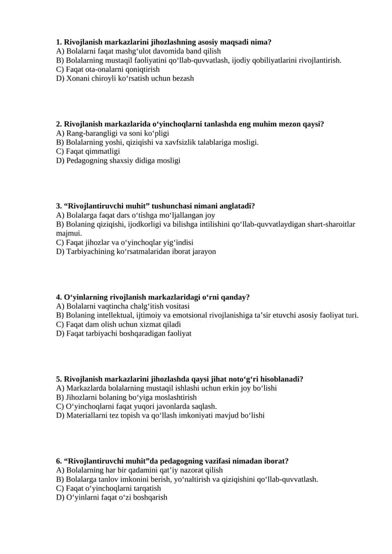 O‘yinlarning rivojlanish markazlarida o‘rnidan test