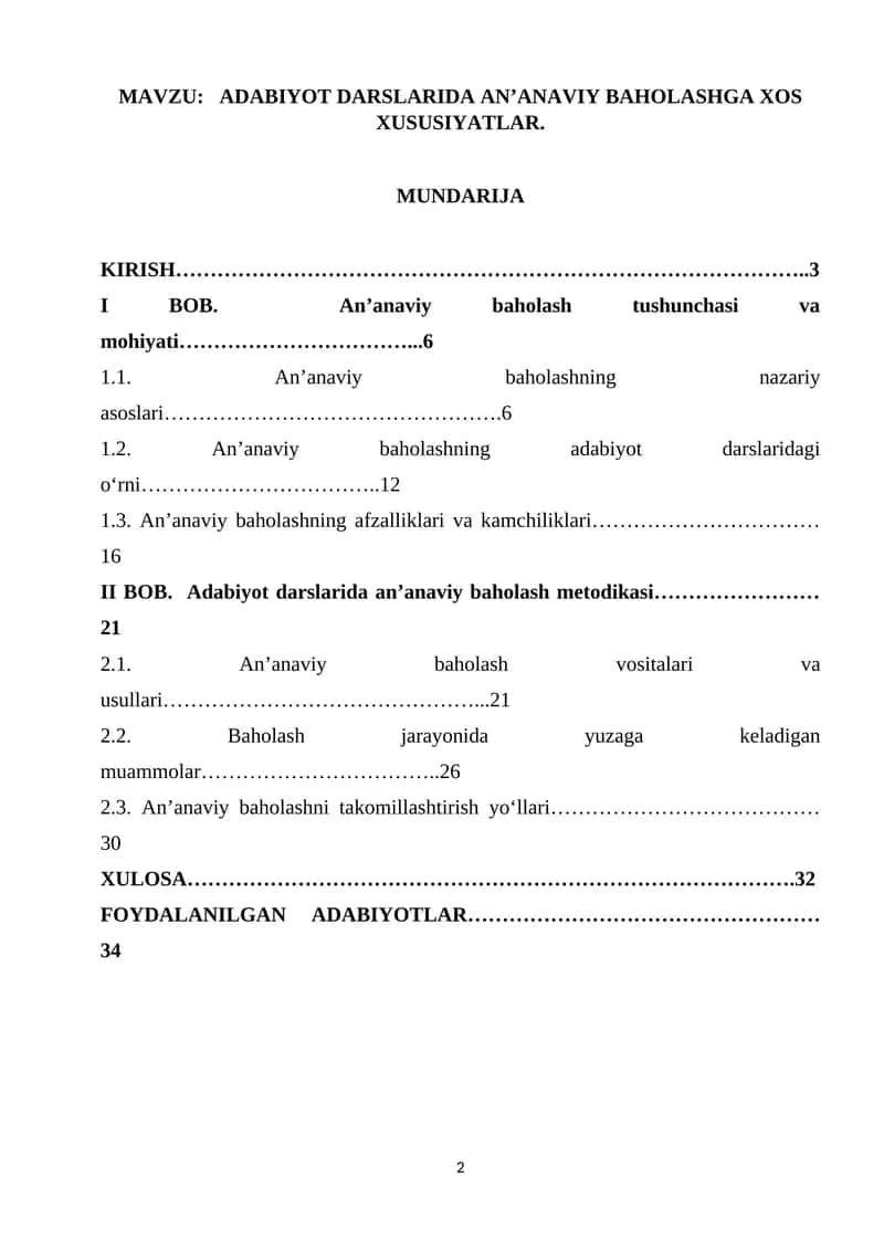ADABIYOT DARSLARIDA AN’ANAVIY BAHOLASHGA XOS XUSUSIYATLAR