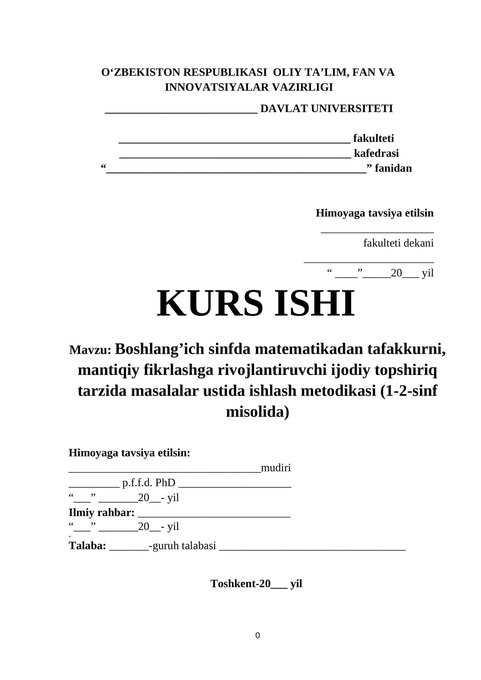 Boshlang’ich sinfda matematikadan tafakkurni, mantiqiy fikrlashga rivojlantiruvchi ijodiy topshiriq tarzida masalalar ustida ishlash metodikasi (1-2-sinf misolida)