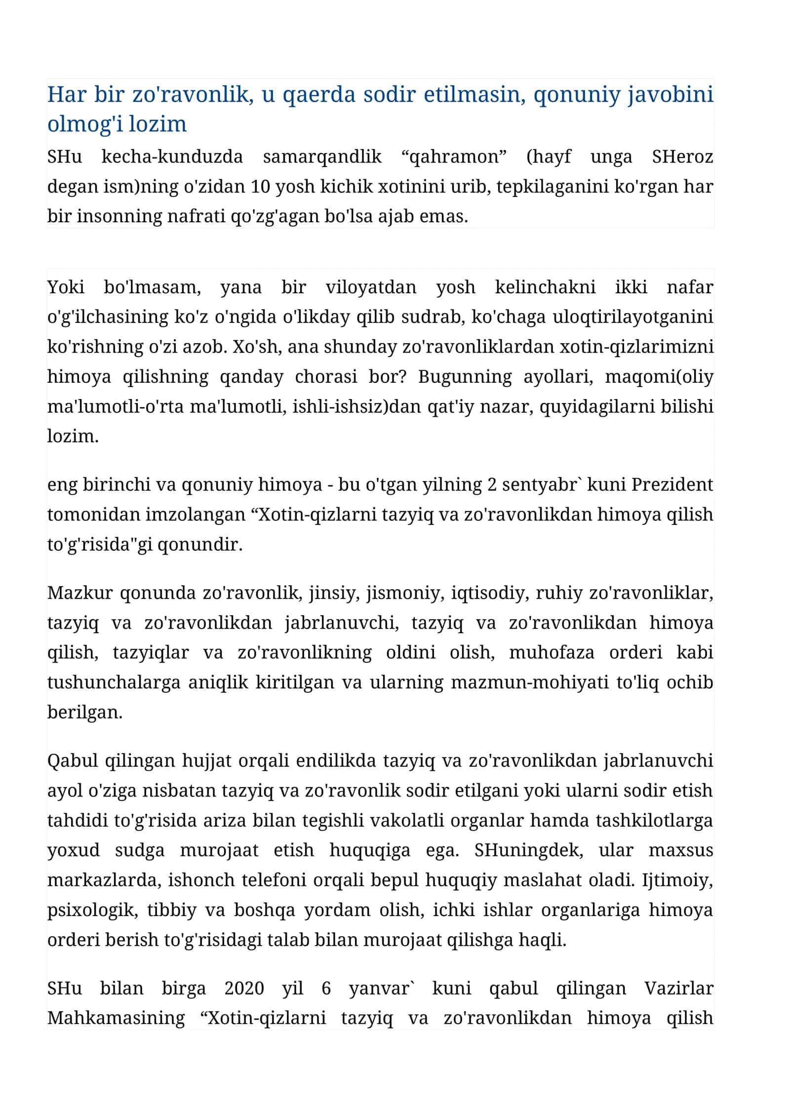 Xotin-qizlarni tazyiq va zo'ravonlikdan himoya qilish to'g'risida