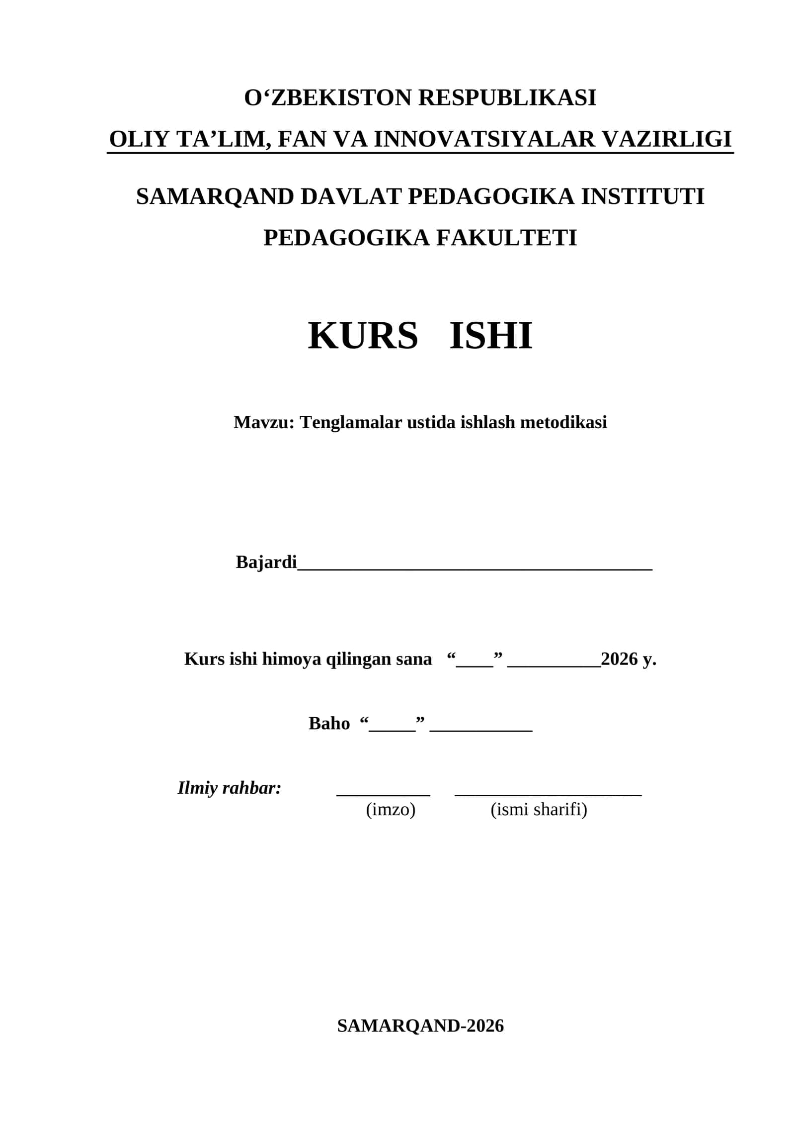 Tenglamalar ustida ishlash metodikasi kurs ishi