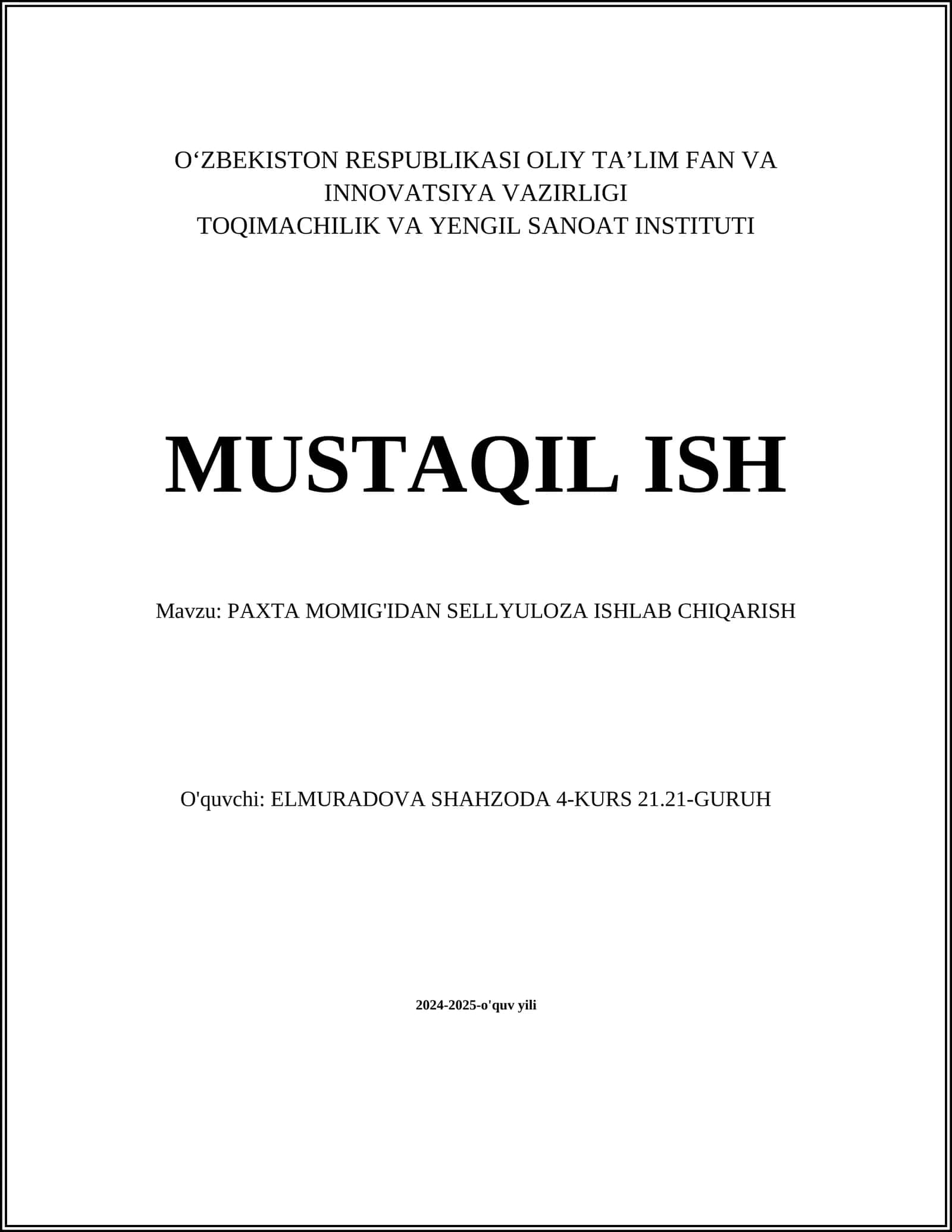 PAXTA MOMIG'IDAN SELLYULOZA ISHLAB CHIQARISH