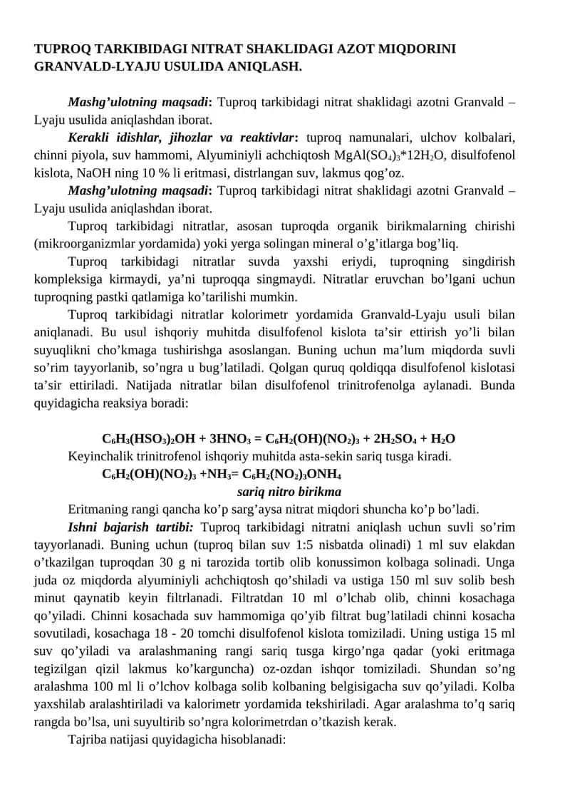Tuproq tarkibidagi nitrat shaklidagi azot miqdorini Granvald-Lyaju usulida aniqlash
