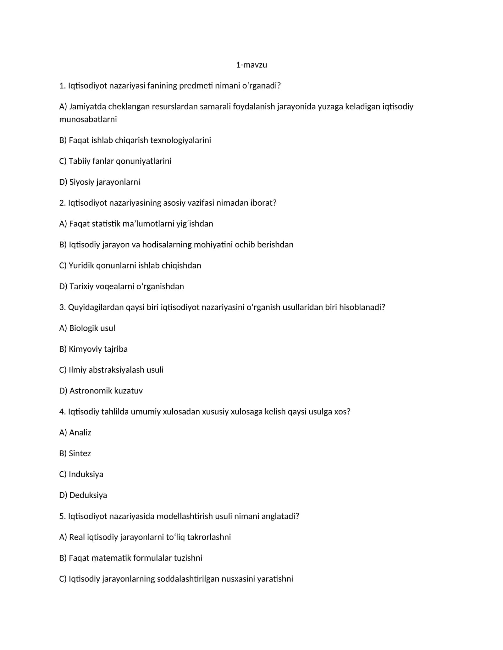 Iqtisodiyot nazariyasi fanidan testlar