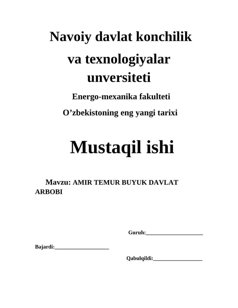 AMIR TEMUR BUYUK DAVLAT ARBOBI