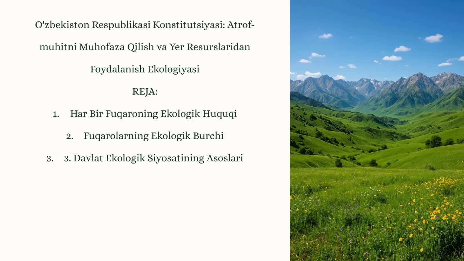 O'zbekiston Respublikasi Konstitutsiyasi: Atrof-muhitni Muhofaza Qilish va Yer Resurslaridan Foydalanish Ekologiyasi