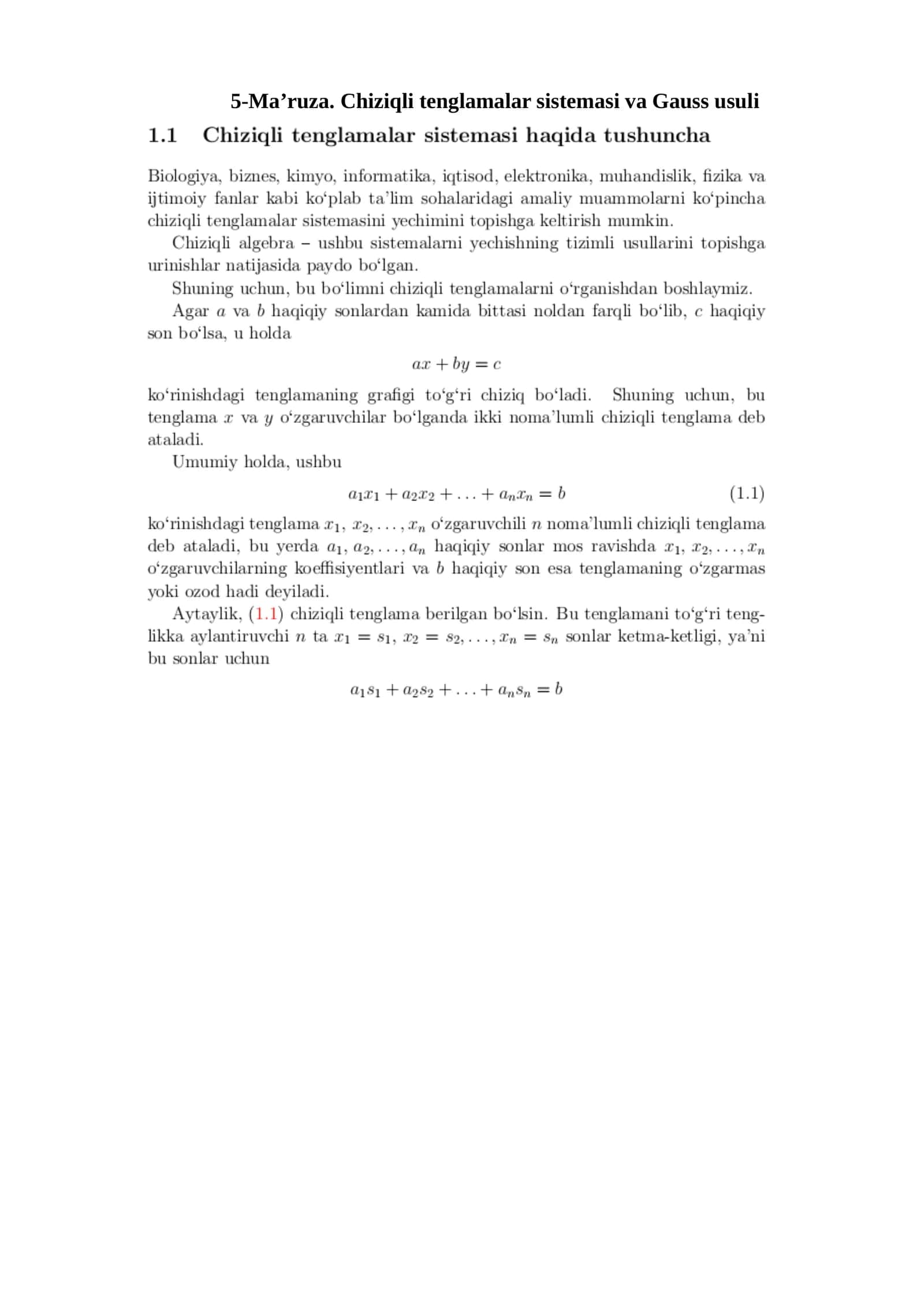 5-Ma’ruza. Chiziqli tenglamalar sistemasi va Gauss usuli