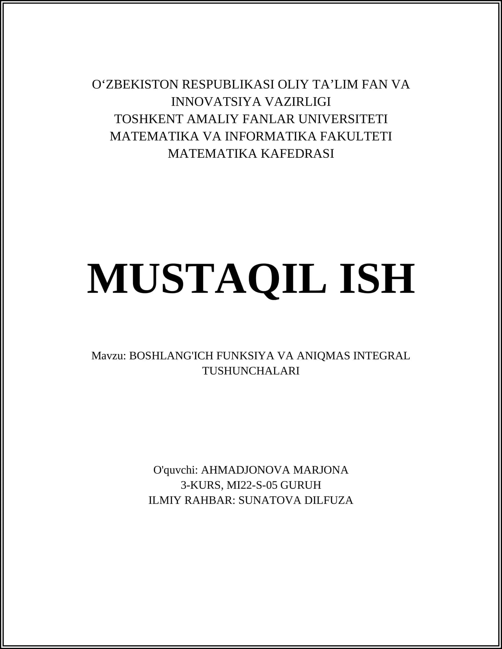 BOSHLANG'ICH FUNKSIYA VA ANIQMAS INTEGRAL TUSHUNCHALARI