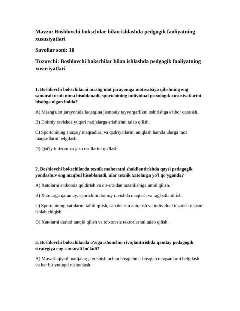 Boshlovchi bokschilar bilan ishlashda pedgogik faoliyatning xususiyatlari