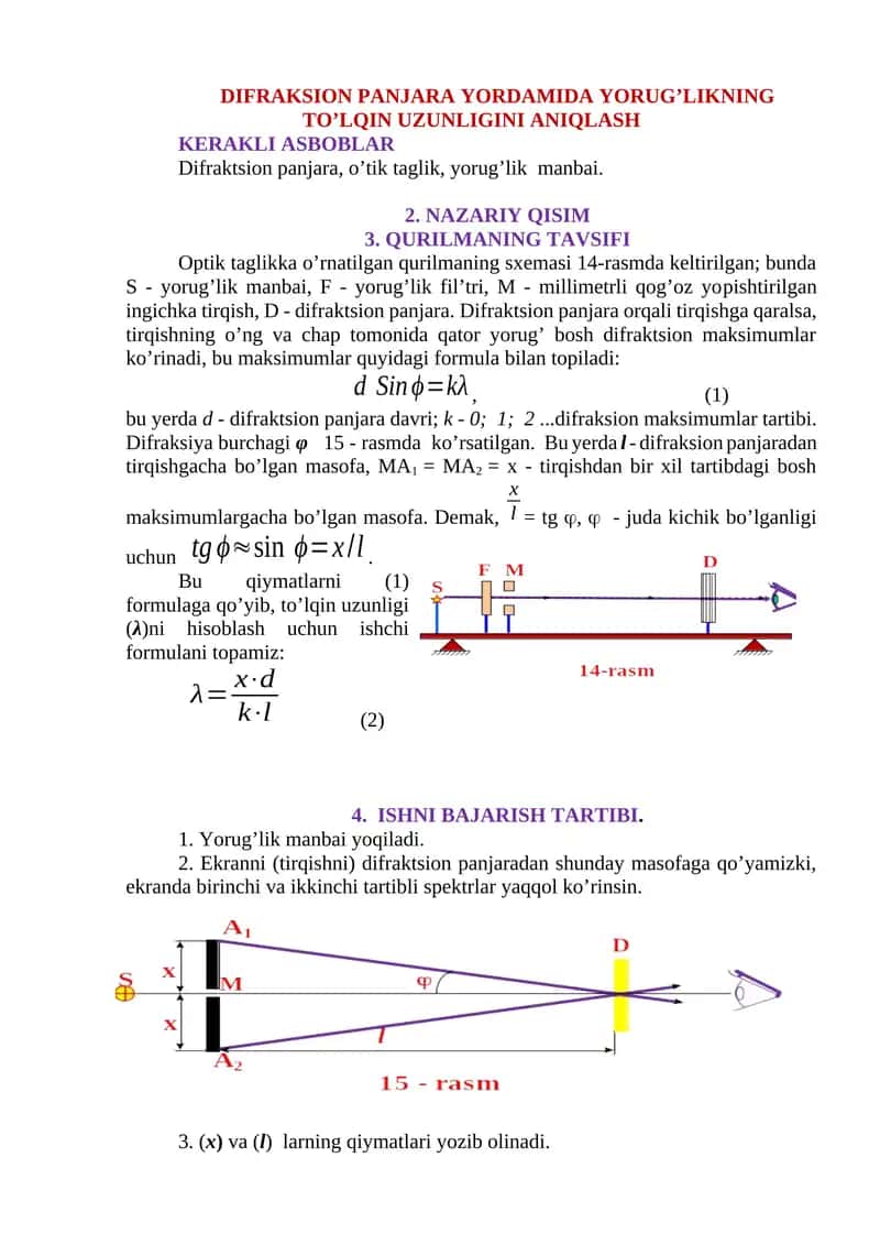 DIFRAKSION PANJARA YORDAMIDA YORUG’LIKNING TO’LQIN UZUNLIGINI ANIQLASH