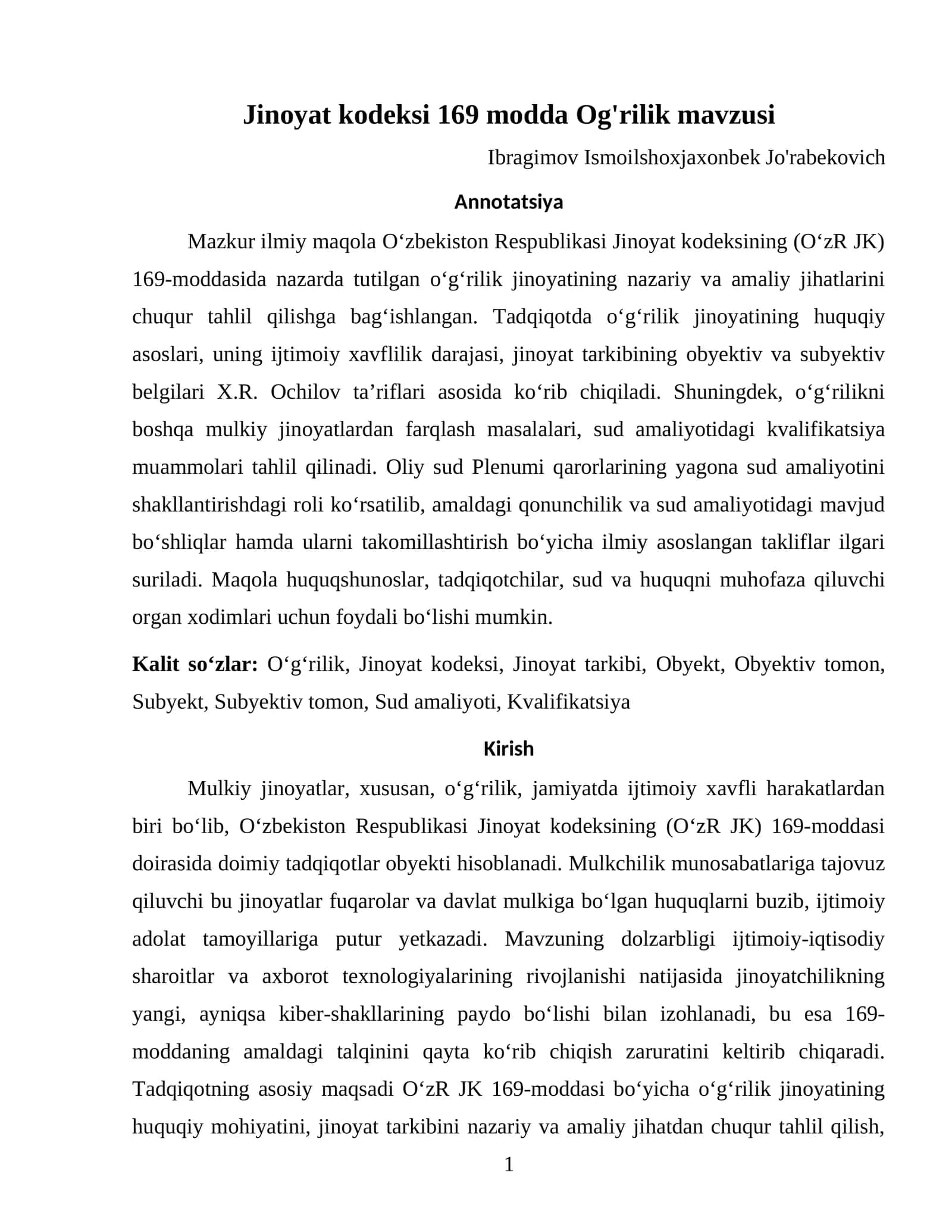 Jinoyat kodeksi 169 modda Og'rilik mavzusi maqola