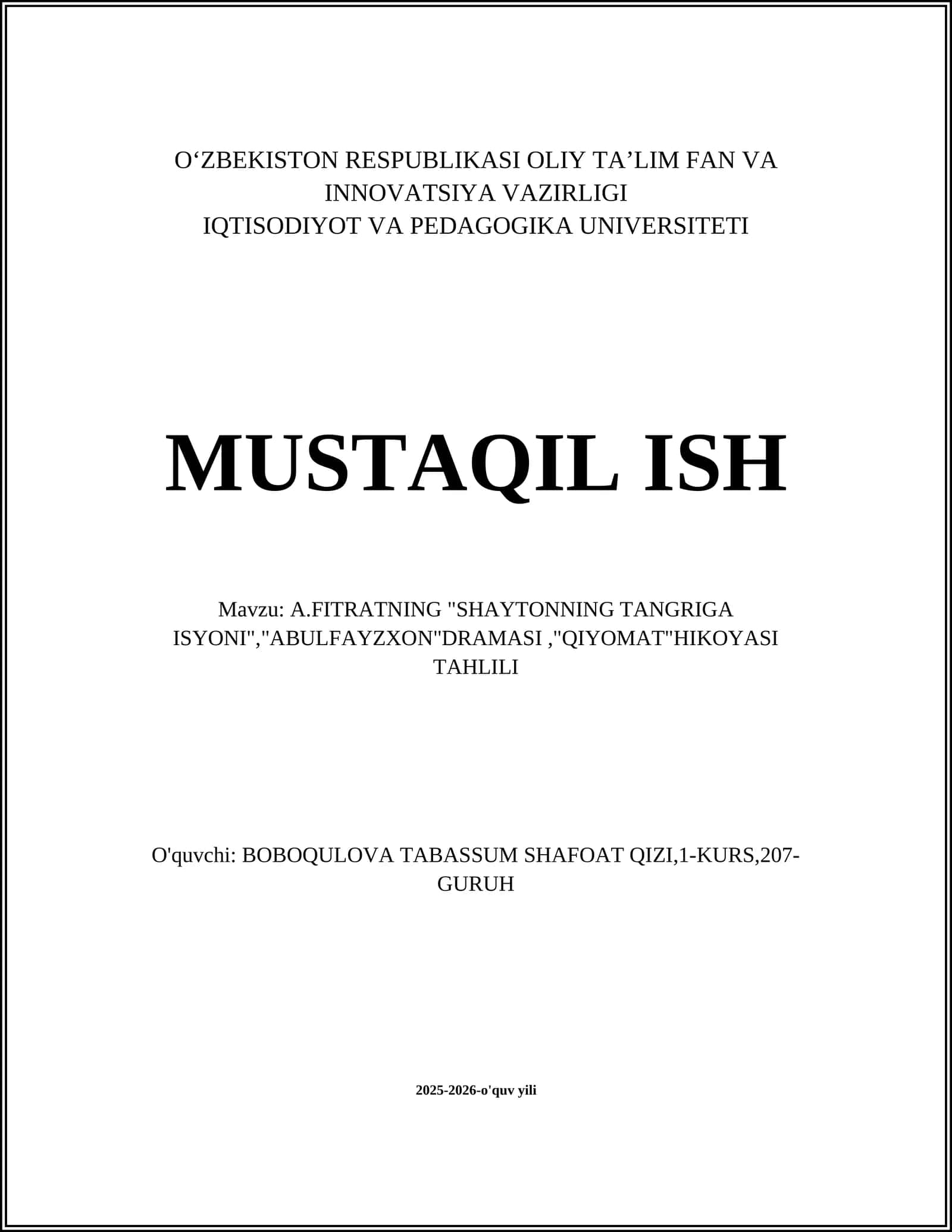 A.FITRATNING "SHAYTONNING TANGRIGA ISYONI","ABULFAYZXON"DRAMASI,"QIYOMAT"HIKOYASI TAHLILI