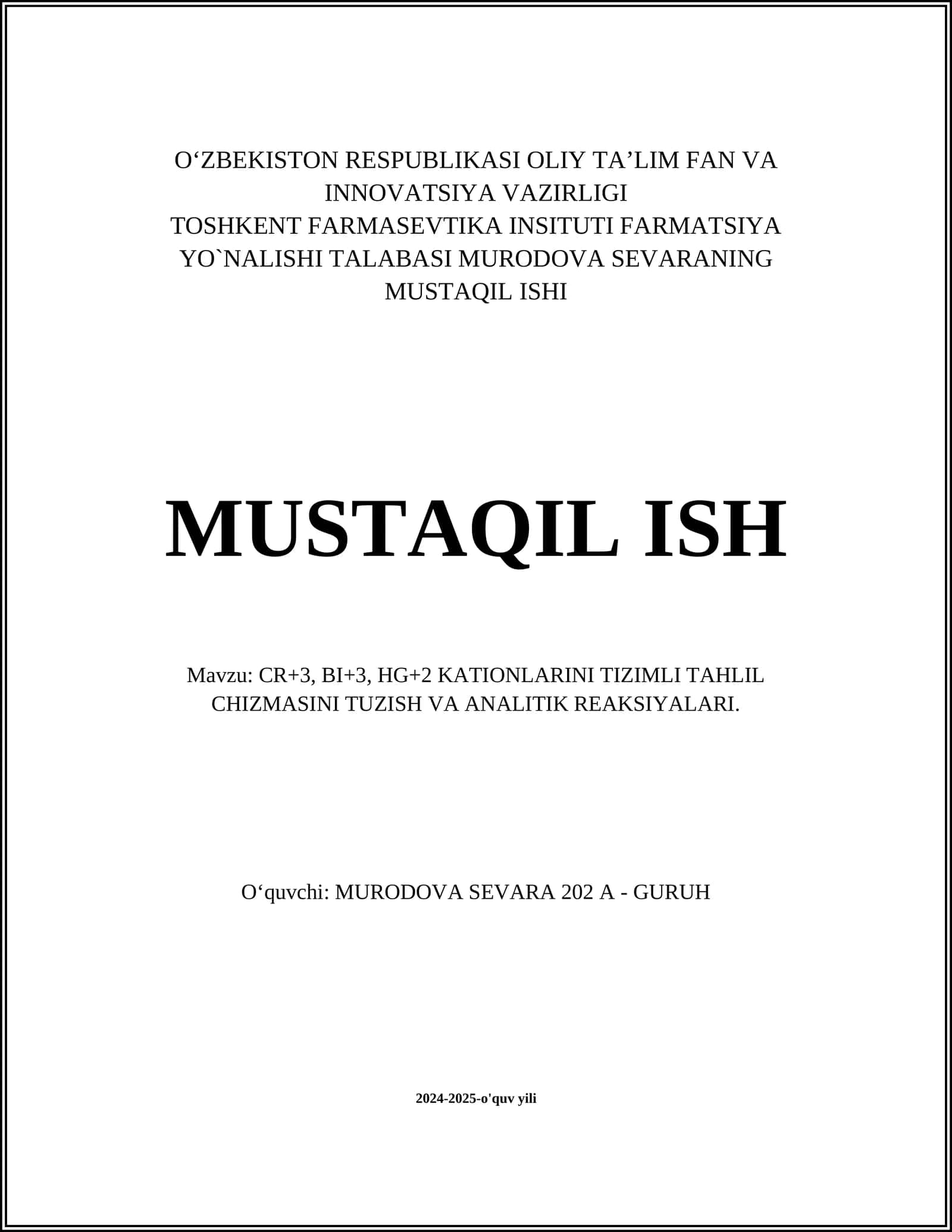 CR+3, BI+3, HG+2 KATIONLARINI TIZIMLI TAHLIL CHIZMASINI TUZISH VA ANALITIK REAKSIYALARI