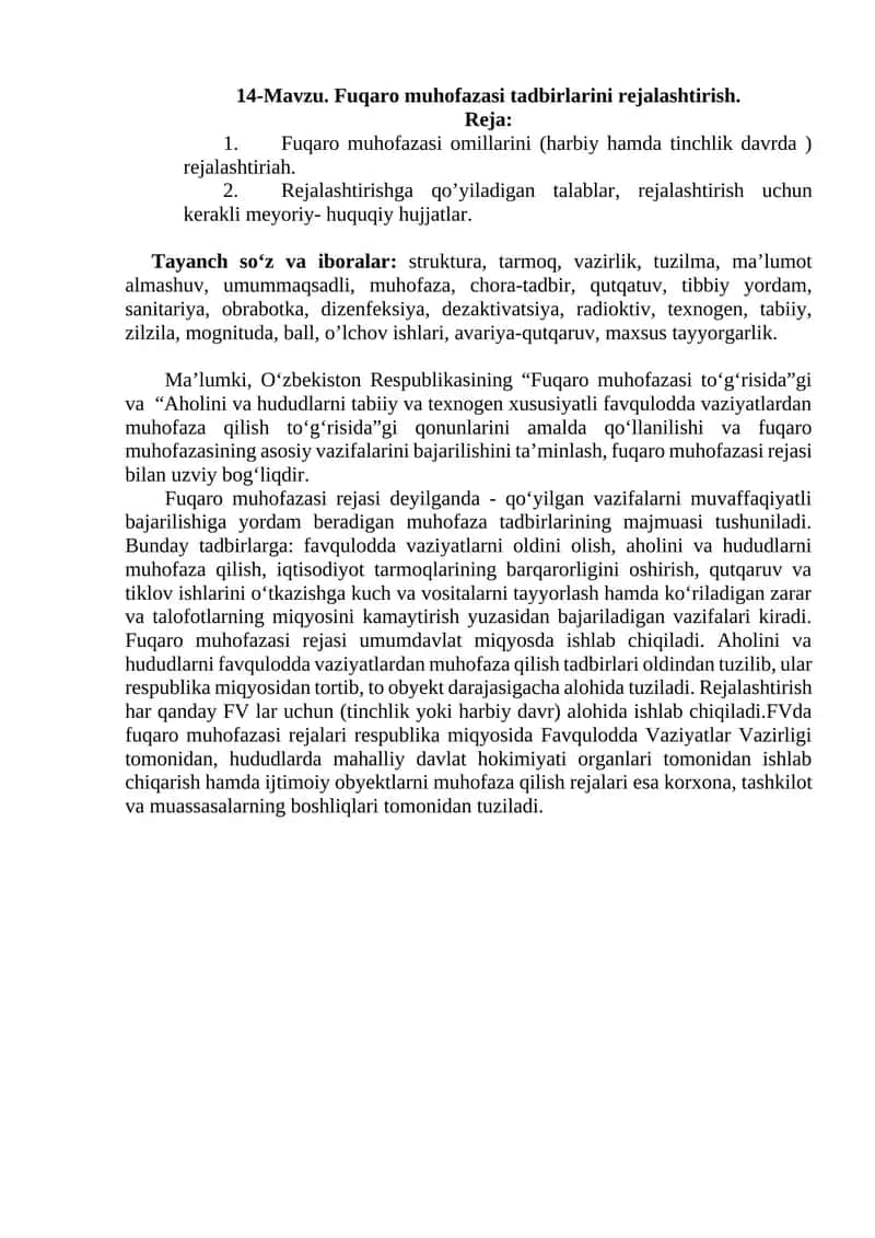 Fuqaro muhofazasi tadbirlarini rejalashtirish