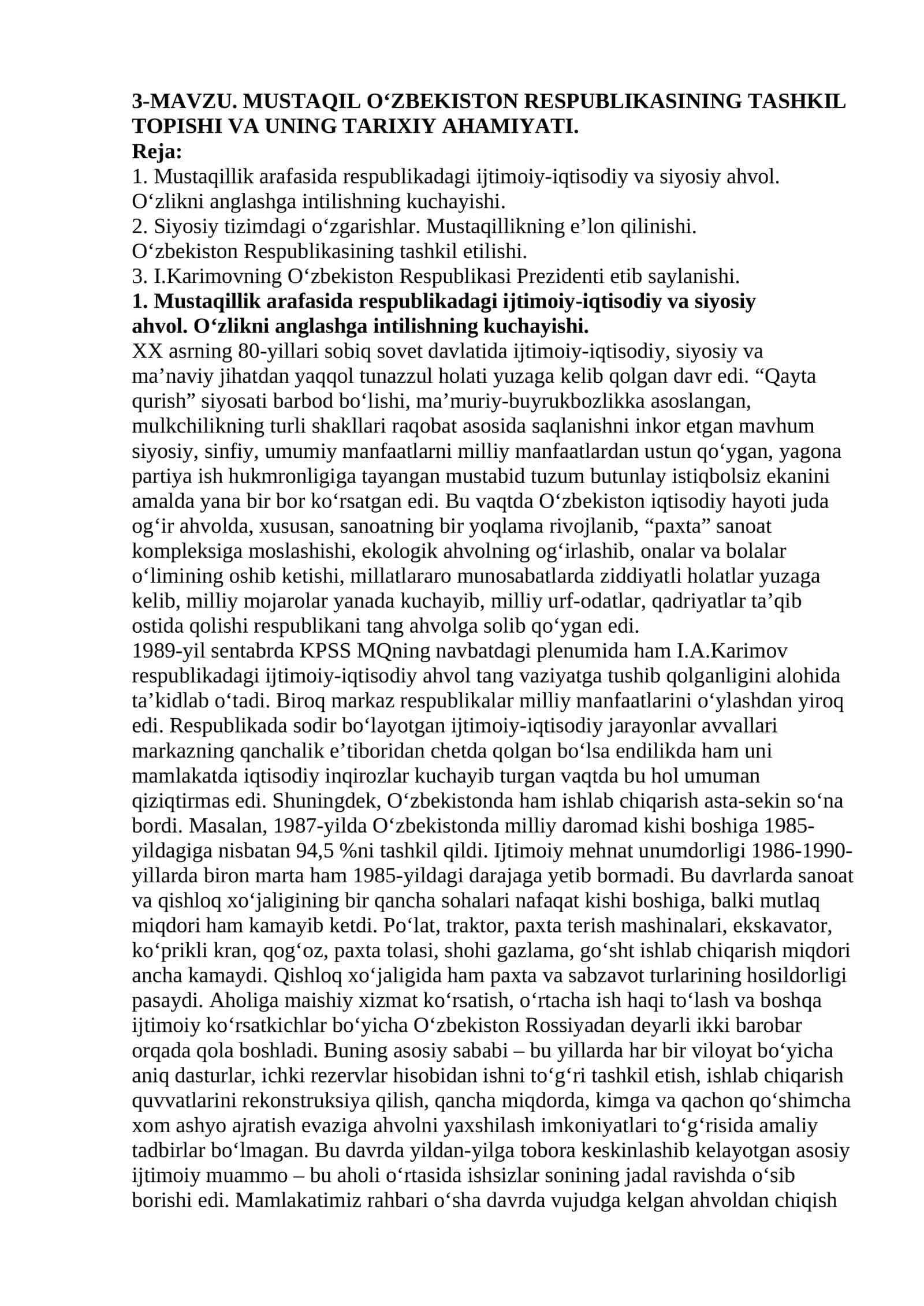 MUSTAQIL O‘ZBEKISTON RESPUBLIKASINING TASHKIL TOPISHI VA UNING TARIXIY AHAMIYATI