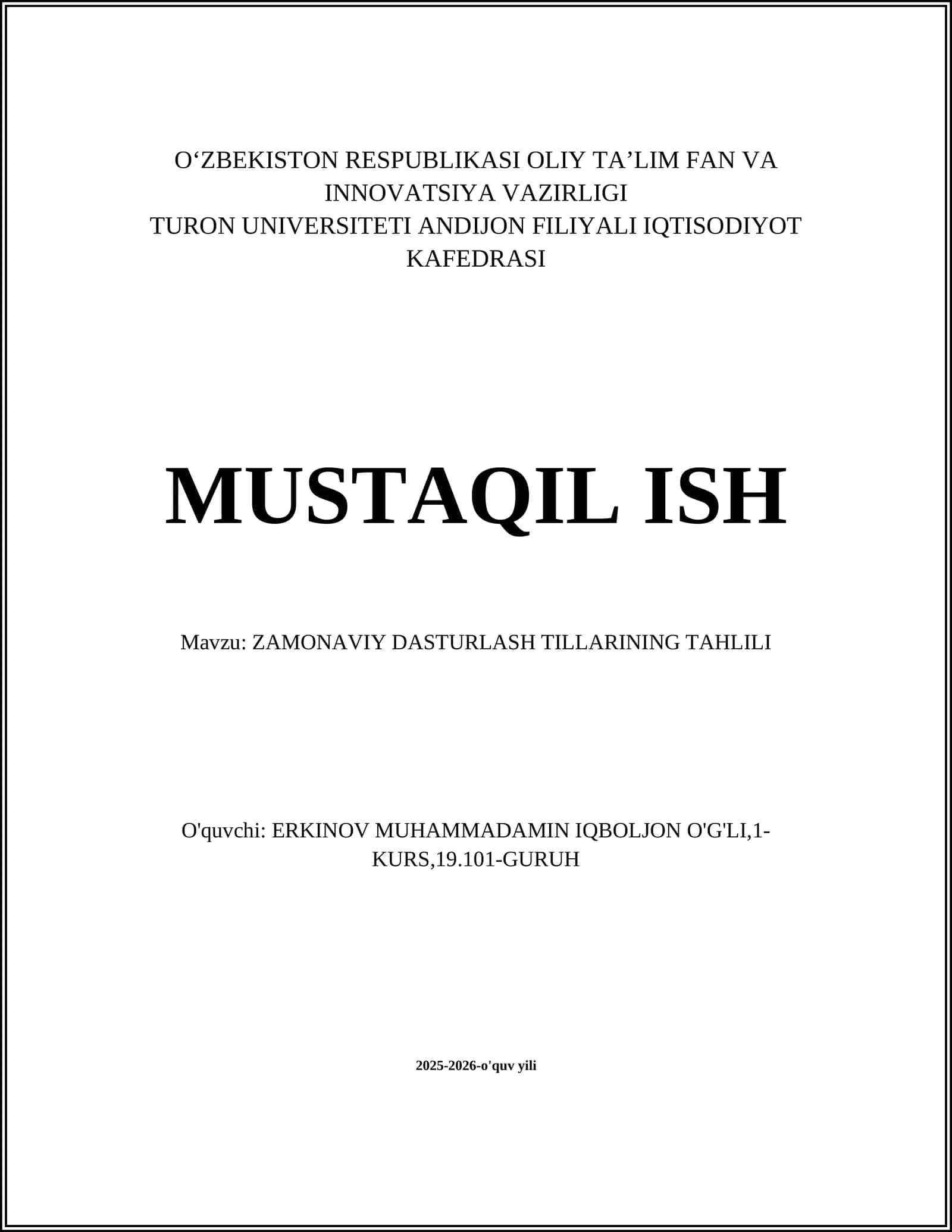 ZAMONAVIY DASTURLASH TILLARINING TAHLILI