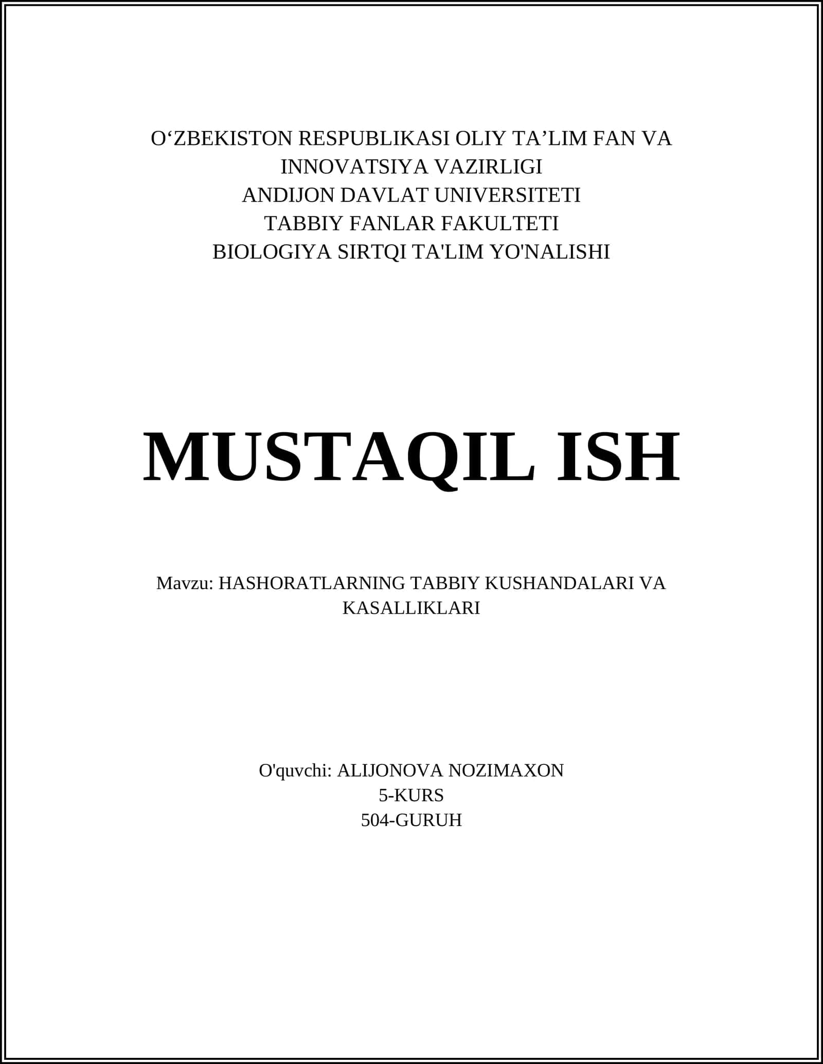 HASHORATLARNING TABBIY KUSHANDALARI VA KASALLIKLARI