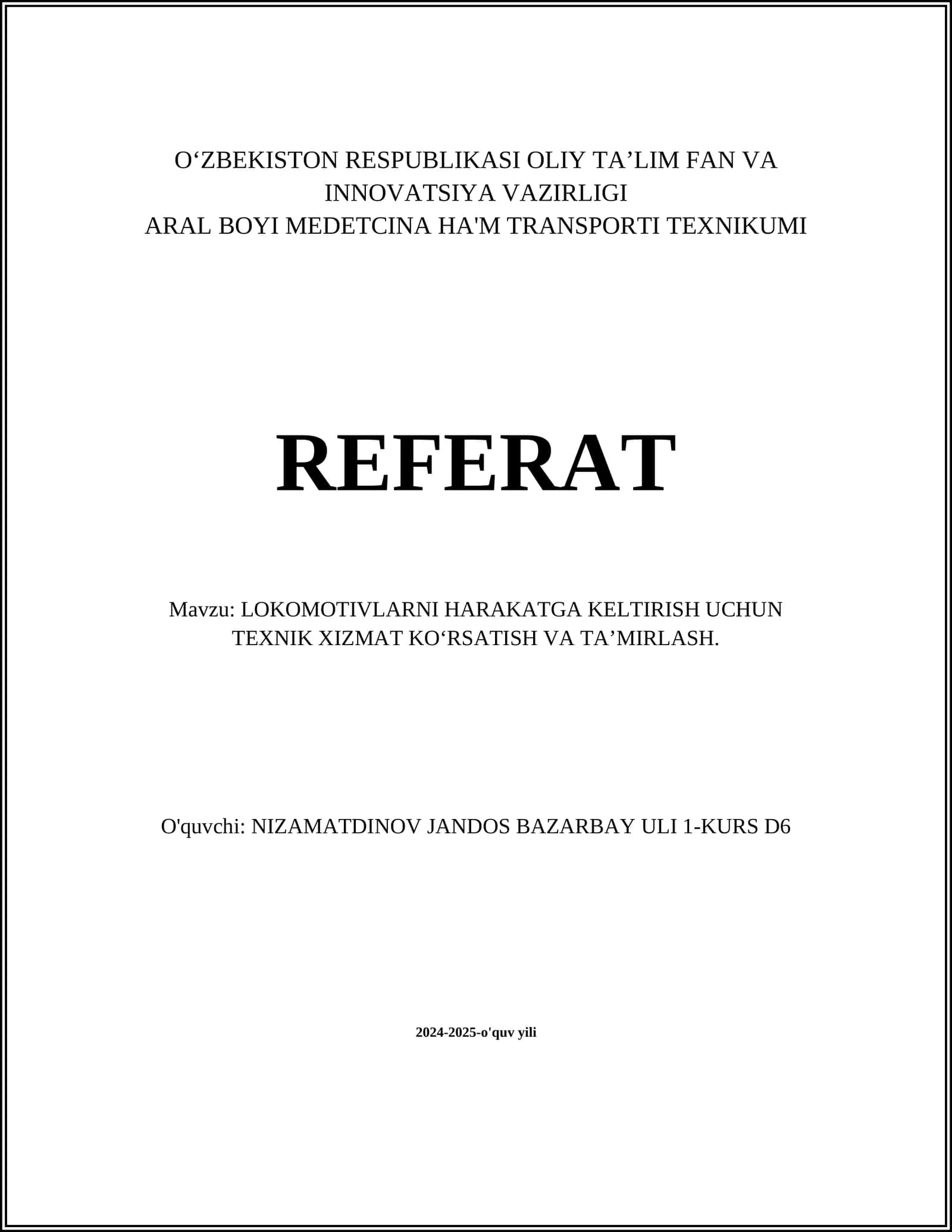 LOKOMOTIVLARNI HARAKATGA KELTIRISH UCHUN TEXNIK XIZMAT KOʻRSATISH VA TAʼMIRLASH