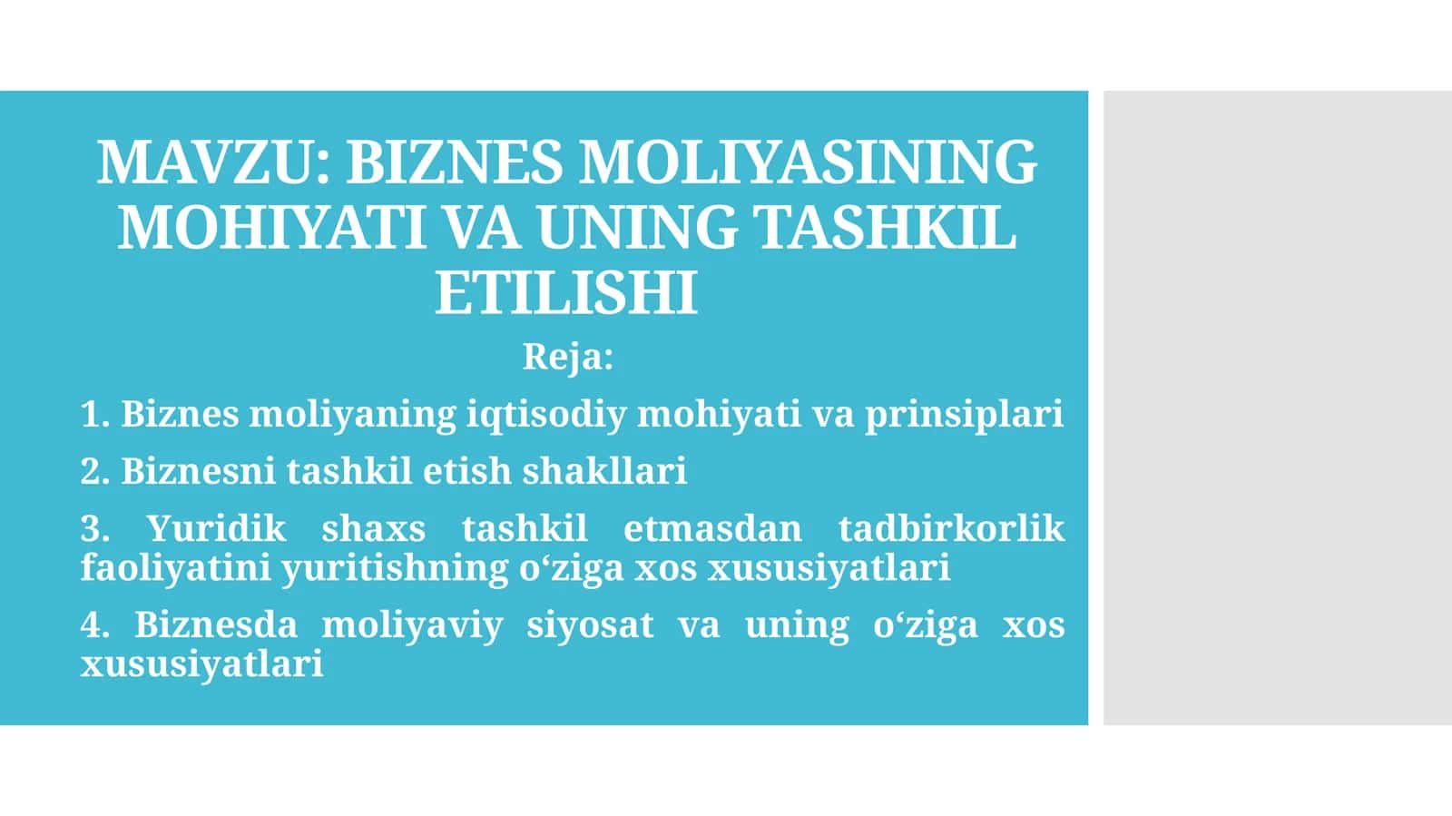BIZNES MOLIYASINING MOHIYATI VA UNING TASHKIL ETILISHI