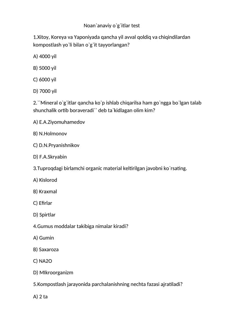 Noan`anaviy o`g`itlar test