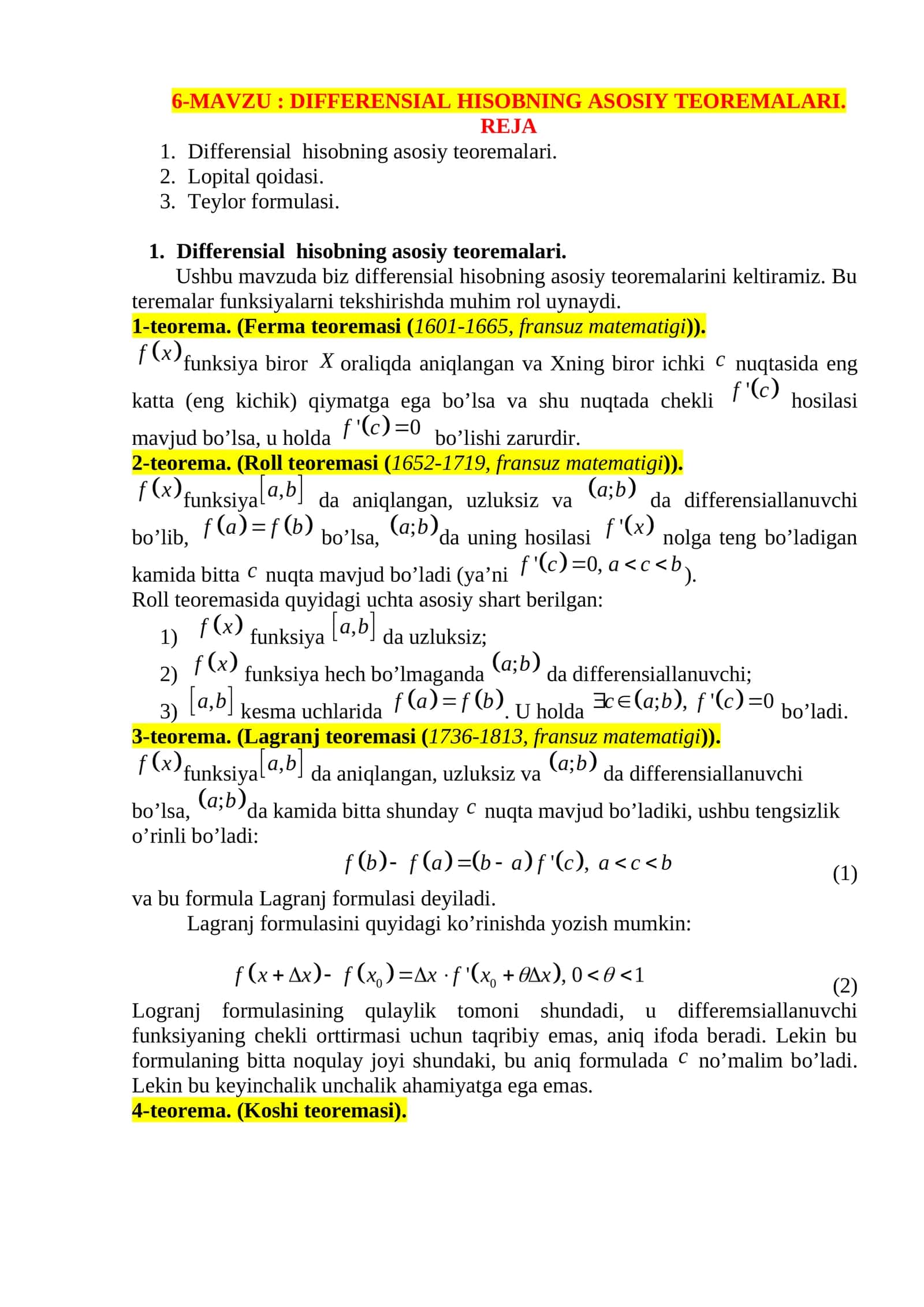DIFFERENSIAL HISOBNING ASOSIY TEOREMALARI