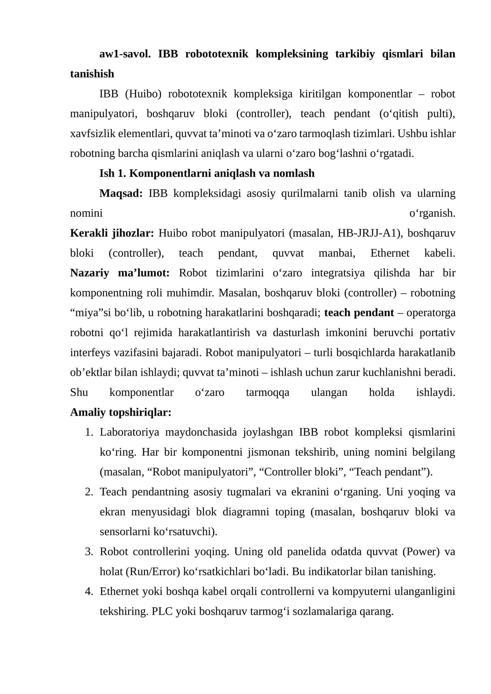 IBB robototexnik kompleksining tarkibiy qismlari bilan tanishish
